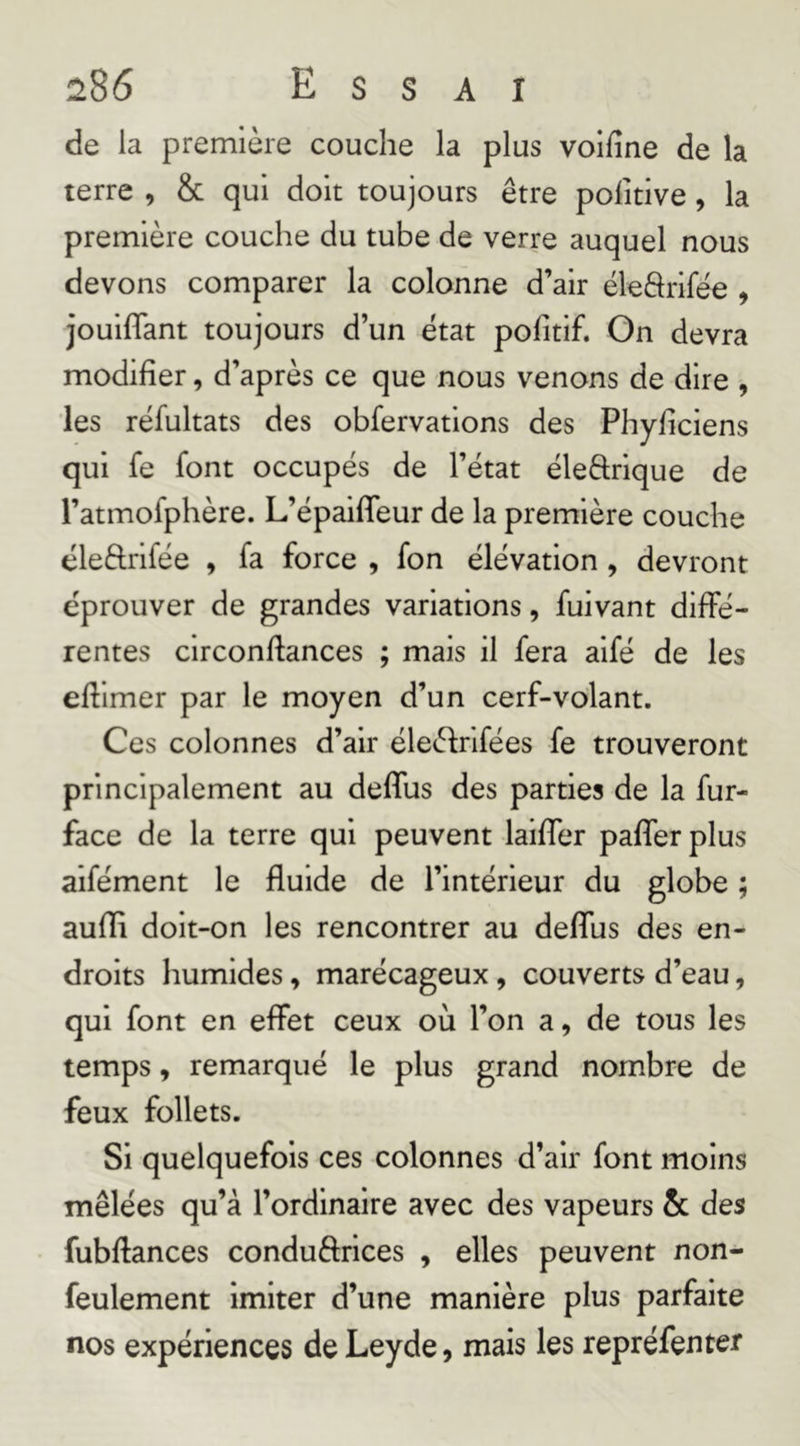 de la première couche la plus voifîne de la terre , & qui doit toujours être politive, la première couche du tube de verre auquel nous devons comparer la colonne d’air ëleârlfée , jouiffant toujours d’un état pofitif. On devra modifier, d’après ce que nous venons de dire , les réfultats des obfervations des Phyficiens qui fe font occupés de l’état éleftrique de l’atmofphère. L’épaififeur de la première couche éleftrlfée , fa force , fon élévation, devront éprouver de grandes variations, fuivant diffé- rentes clrconfiances ; mais il fera alfé de les efilmer par le moyen d’un cerf-volant. Ces colonnes d’air éleéfrlfées fe trouveront principalement au deffus des parties de la fur- face de la terre qui peuvent laifler pafferplus aifément le fluide de l’intérieur du globe ; aufïi doit-on les rencontrer au deflus des en- droits humides » marécageux, couverts d’eau, qui font en effet ceux où l’on a, de tous les temps, remarqué le plus grand nombre de feux follets. Si quelquefois ces colonnes d’air font moins mêlées qu’à l’ordinaire avec des vapeurs 5c des fubflances conduftrices , elles peuvent non- feulement Imiter d’une manière plus parfaite nos expériences deLeyde, mais les repréfenter