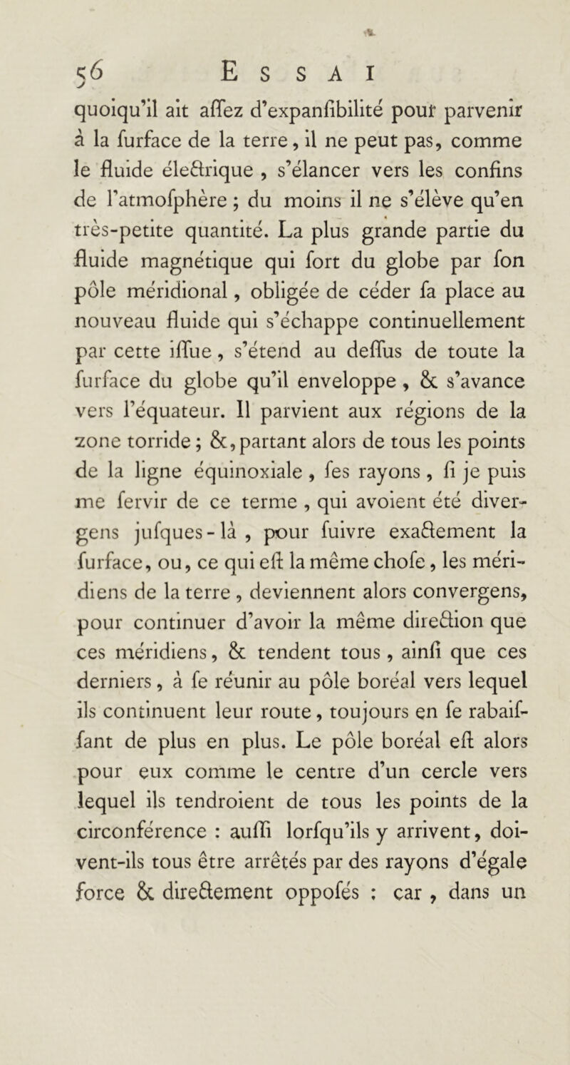 quoiqu’il ait afifez d’expanfibilité pout parvenir à la furface de la terre, il ne peut pas, comme le fluide éleârique , s’élancer vers les confins de ratmofphère ; du moins il ne s’élève qu’en très-petite quantité. La plus grande partie du fluide magnétique qui fort du globe par fon pôle méridional, obligée de céder fa place au nouveau fluide qui s’échappe continuellement par cette ifllie, s’étend au deflus de toute la furface du globe qu’il enveloppe, & s’avance vers l’équateur. Il parvient aux régions de la 2one torride ; &, partant alors de tous les points de la ligne équinoxiale , fes rayons, fi je puis me fervir de ce terme , qui avoient été diver- gens jufques - là , pour fuivre exadement la furface, ou, ce qui efl la même chofe, les méri- diens de la terre , deviennent alors convergens, pour continuer d’avoir la même diredion que ces méridiens, & tendent tous, ainfi que ces derniers, à fe réunir au pôle boréal vers lequel ils continuent leur route, toujours en fe rabaif- fant de plus en plus. Le pôle boréal efl alors pour eux comme le centre d’un cercle vers lequel ils tendroient de tous les points de la circonférence : auffi lorfqu’ils y arrivent, doi- vent-ils tous être arrêtés par des rayons d’égale force & diredement oppofés : car , dans un