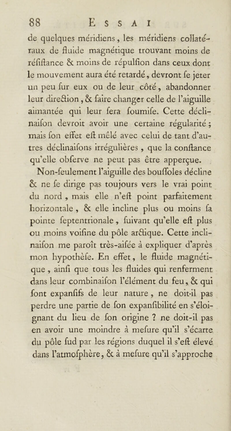 de quelques méridiens, les méridiens collate- raux de fluide magnétique trouvant moins de réfiflance & moins de répulfion dans ceux dont le mouvement aura été retardé » devront fe jeter un peu fur eux ou de leur côté, abandonner leur direâ-ion, & faire changer celle de l’aiguille aimantée qui leur fera foumife. Cette décli- naifon devroit avoir une certaine régularité ; mais fon effet efl mêlé avec celui de tant d’au- tres décUnalfons irrégulières, que la conflance qu’elle obferve ne peut pas être apperçue. Non-feulement l’aiguille des bouflbles décline & ne fe dirige pas toujours vers le vrai point du nord , mais elle n’eft point parfaitement horizontale , & elle incline plus ou moins fa pointe feptentrionale, fulvant qu’elle efl plus ou moins voifine du pôle arêlique. Cette incli- naifon me paroît très-aifée â expliquer d’après mon hypothèfe. En effet, le fluide magnéti- que , ainfl que tous les fluides qui renferment dans leur combinaifon l’élément du feu,, & qui font expanfifs de leur nature , ne doit-il pas perdre une partie de fon expanflbilité en s’éloi- gnant du lieu de fon origine ? ne doit-il pas en avoir une moindre à mefure qu’il s’écarte du pôle fud par les régions duquel il s’efl élevé dans l’atmofphère, & à mefure qu’il s’approche