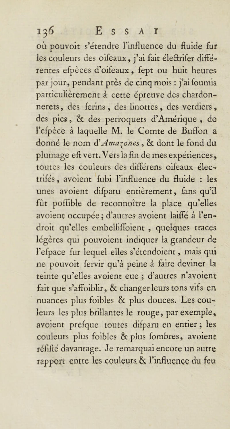 où pouvoit s’étendre l’influence du fluide fur les couleurs des oifeaux, j’ai fait ëleârifer diflFé- rentes efpèces d’oifeaux, fept ou huit heures par jour, pendant près de cinq mois : j’ai fournis particulièrement à cette épreuve des chardon- nerets, des ferins , des linottes, des verdiers, des pics, & des perroquets d’Amérique , de l’efpèce à laquelle M. le Comte de BufFon a donné le nom ^ Amar^oms, 8c dont le fond du plumage eft vert. Vers la fin de mes expériences » toutes les couleurs des difFérens oifeaux élec- trifés, avoient fubi l’influence du fluide : les unes avoient difparu entièrement, fans qu’il fût poilible de reconnoître la place qu’elles avoient occupée; d’autres avoient laifFé à l’en- droit qu’elles embellifFoient , quelques traces légères qui pouvoient indiquer la grandeur de l’efpace fur lequel elles s’étendoient, mais qui ne pouvoit fervir qu’à peine à faire deviner la teinte qu’elles avoient eue ; d’autres n’avoient fait que s’afFoiblir, 8c changer leurs tons vifs en nuances plus foibles 8c plus douces. Les cou- leurs les plus brillantes le rouge, par exemple,, avoient prefque toutes difparu en entier ; les couleurs plus foibles 8c plus fombres, avoient réflflé davantage. Je remarquai encore un autre rapport entre les couleurs & l’influence du feu