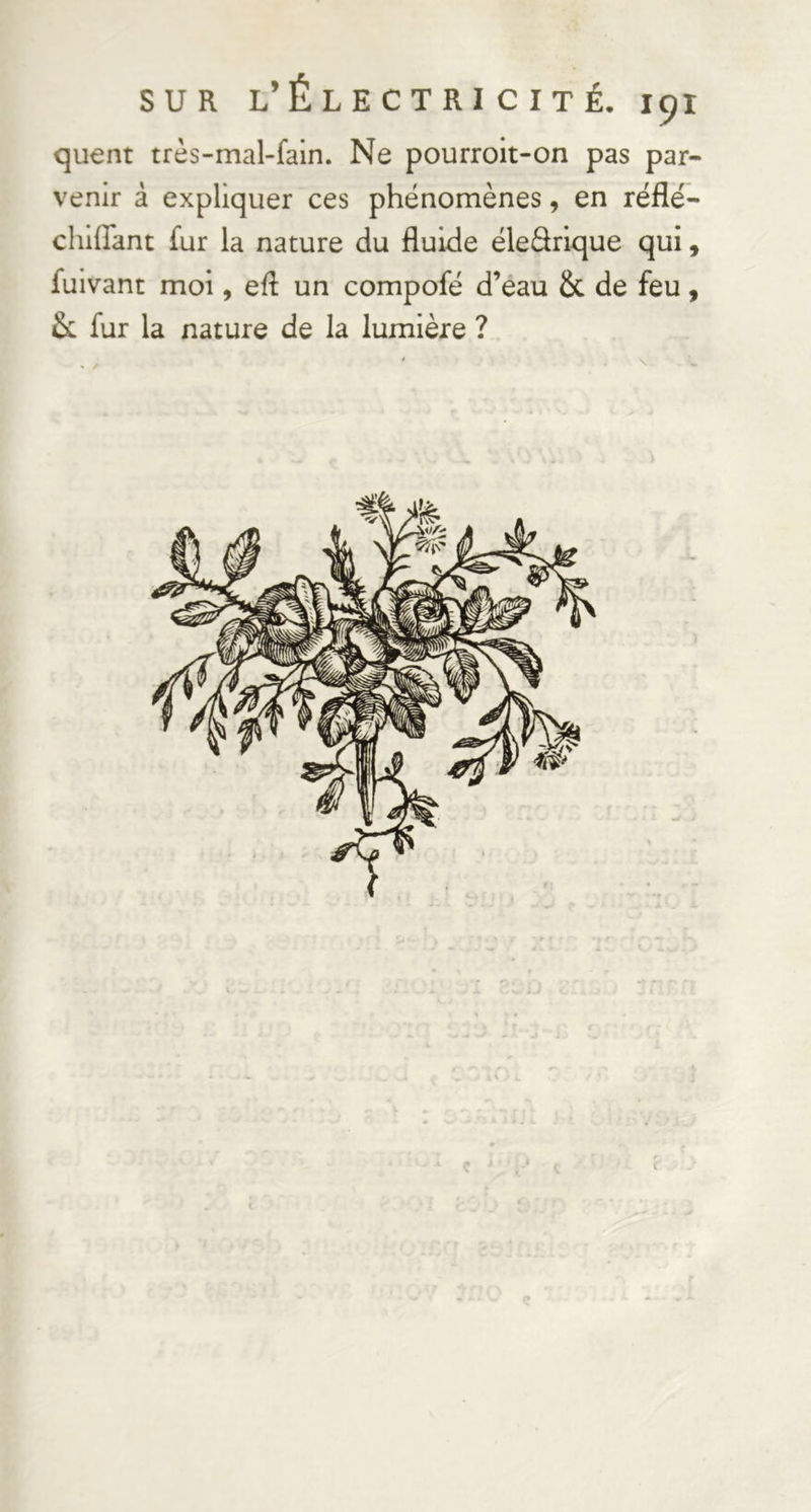quent très-mal-fain. Ne pourroit-on pas par- venir à expliquer ces phénomènes, en réflé- chiffant fur la nature du fluide ëleârique qui, fuivant moi, efl un compofé d’eau & de feu, Sc fur la nature de la lumière ? (