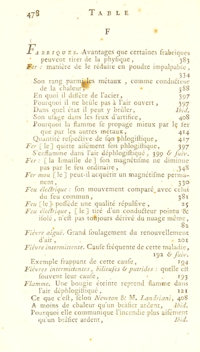 UES. -Avantages cjue certaines frabriqnes * peuvent tirer de la phylique, 383 Fer : manière de le réduire en poudre impalpable, es métaux , comme conduaeur Son ratio; parmW T I /a 11 de la chaleur^ • 388 En quoi il diüère de l’acier, 397 Pourquoi il ne brûle pas à l’air ouvert, 397 Dans quel état il peut y brûler, lâicf. Son uiage dans les feux d’artifice, 408 Pourquoi la flamme fe propage mieux par Iç fer que par les autres métaux, 414 Quantité refpeétive de fgn phlogiftique, 417 Fer [le] quitte aifément fon phlogifiique, 397 S’enflamme dans l’air déphlogiftiqué, 399 & fuiv. Fer : [ la limaille de ] fon magnéttfme ne diminue pas par le feu ordinaire, , J48 Fer mou [le] peut-il acquérir un magnétifme perma- nent, ■ 330 Feu éLecirique : fon mouvement comparé_avec celui du feu commun, 381 Feu [le]- polfède une qualité répulfive , 25 Feu cleclrique, [le] tiré d’un conduéleur pointu •& ifolé, n’ell: pas toftjours dérivé du nuage racme, . 82 Fièvre aiguë. Grand foulagement du renouvellement d’air, . -201 Fièvre intermittente. Caufe fréquente de cette maladie, 192 të fuiv. Exemple frappant de cette caufe, 194 Fièvres intermittentes, hilieufes & putrides : quelle eft fouvent leur caufe, , • , 193 Flamme. Une bougie éteinte reprend flamme dans l’air déphlogiliiqué, 121 Ce que c'efl:, félon Newton 6c M. Landriani, 408 A moins de chaleur qu’un brâficr ardent, Ibid. Pourquoi elle communique l’incendie plus aifément qu’un bidfier ardent, Ibid.