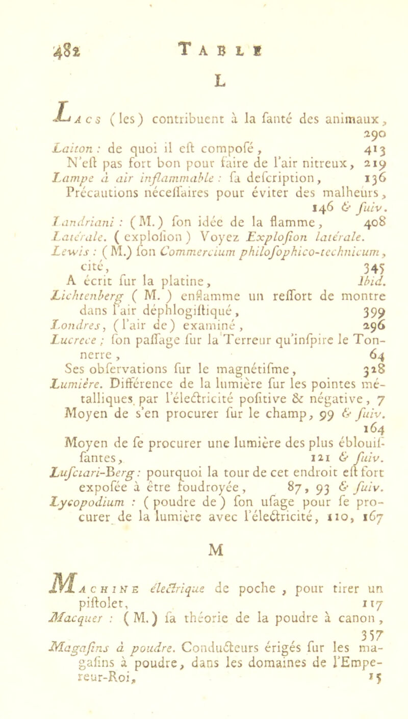 L Lacs (les) contribuent à la fanté des animaux, 190 Laiton: de quoi il cft compofé , 413 N’ert pas fort bon pour faire de l’air nitreux, 219 luimpe à air inflammahU : fa delcription, 136 Précautions nécell'aires pour éviter des malheurs, 146 6- fuiv. 1 andriani : (M.) Ton idée de la flamme, 408 I.aicrale. ( cxplolîon ) Voyez Explofion latérale. Lewis : ( M.) fon Commercium philofophico-tcchnicum, cite, 345 A écrit fur la platine, Ibid. Lichtenberg ( 1''^- ) enflamme un reflbrt de montre dans 1 air déphlogiltiqué , 399 J.oiîdres, (l’air de) examiné, 296 Lucrèce ; fon palTage fur la 1 erreur qu’infpirc le Ton- nerre , 64 Ses obfervations fur le magnétifme, 318 Lumière. Différence de la lumière fur les pointes mé- talliques. par l’éleélricité pofitive & négative, 7 Moyen de s’en procurer fur le champ, 99 & fuiv. 164 Moyen de fe procurer une lumière des plus éblouif fautes, iii & fuiv. Lufciari-^erg : pourq^uoi la tour de cet endroit eu fort expofée à être foudroyée, 87, 93 6- fuiv. Lyeopodium : ( poudre de ) fon ufage pour fe pro- curer de la lumière avec l’éleétricité, iio, 167 M M. CHINE électrique de poche , pour tirer un pirtolet, 117 Macquer : ( M. ) fa théorie de la poudre à canon , 357 Magafins à poudre. Conduéleurs érigés fur les ma- galins à poudre, dans les domaines de l’Empe- reur-Roi, *5