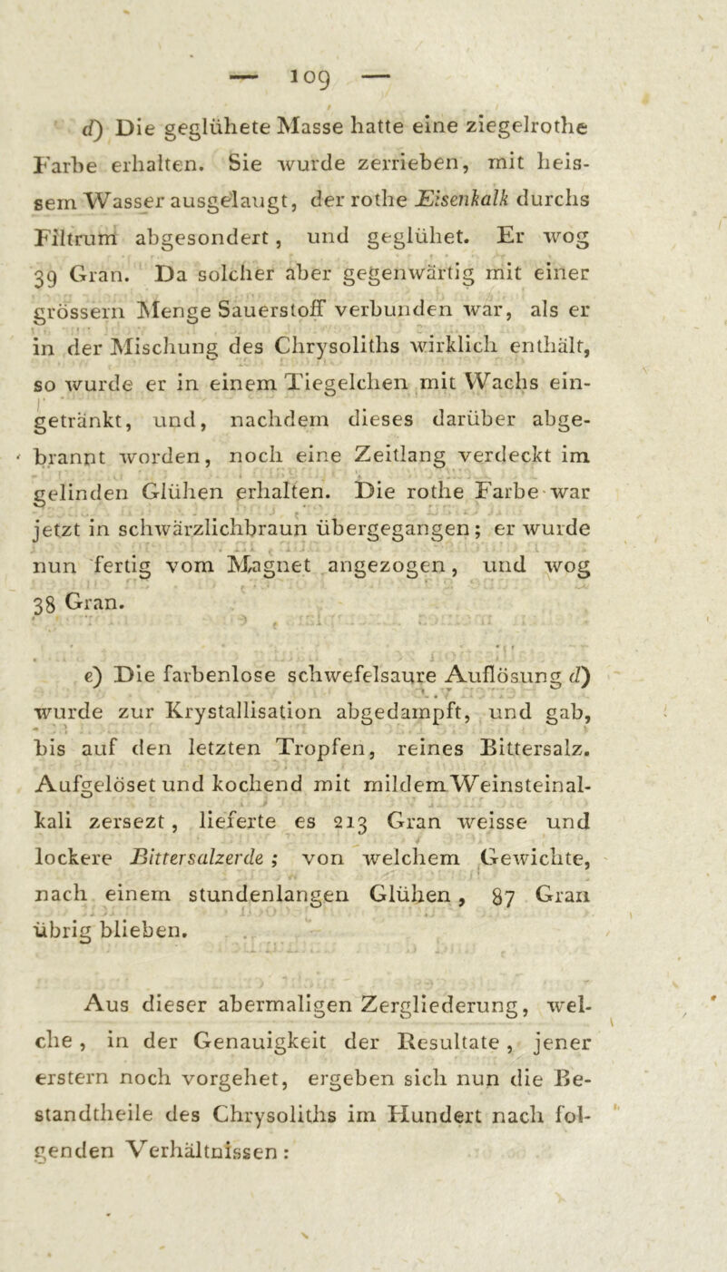 d) Die geglühete Masse hatte eine ziegelrothe Farbe erhalten. Sie wurde zerrieben, mit heis- sem Wasser ausgelaugt, der rothe Eisenkalk durchs Filtrum abgesondert, und geglühet. Er wog 39 G ran. Da solcher aber gegenwärtig mit einer grösseni INlenge Sauerstoff verbunden war, als er in der Mischung des Chrysoliths wirklich enthält, so wurde er in einem Tiegelchen mit Wachs ein- r * getränkt, und, nachdem dieses darüber abge- ' brannt worden, noch eine Zeitlang verdeckt im gelinden Glühen erhalten. Die rothe Farbe-war jetzt in schwärzlichbraun übergegangen; er wurde nun fertig vom Magnet angezogen, und wog 38 Gran. * t » e) Die farbenlose schwefelsaure Auflösung d) wurde zur Krystallisation abgedampft, und gab, bis auf den letzten Tropfen, reines Bittersalz. Aufsielöset und kochend mit mildem Weinsteinal- O kali zersezt, lieferte es 213 Gran weisse und lockere Bittersalzerde ; von welchem Gewichte, nach einem stundenlangen Glühen, 87 Gran übrig blieben. Aus dieser abermaligen Zergliederung, w'el- che, in der Genauigkeit der Resultate, jener erstem noch vorgehet, ergeben sich nun die Be- standtheile des Chrysoliths im Plündert nach fol- genden Verhältnissen: