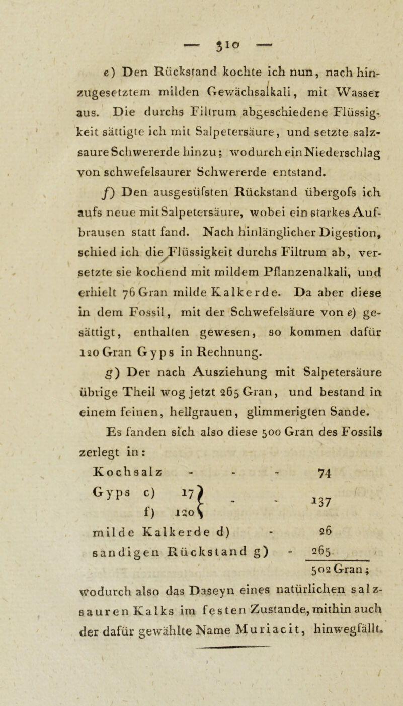 — Sio — e) D en Rückstand kochte ich nun, nach hin- f zugesetztem milden Gev/ächsaikali, mit Wasser aus. Die durchs Filtrum abgeschiedene Flüssig- keit sättigte ich mit Salpetersäure, und setzte salz- saure Schwererde hinzu; wodurch ein Niederschlag von schwefelsaurer Schwererde entstand. f) Den ausgesüfsten Rückstand übergofs ich aufs neue mit Salpetersäure, wobei ein starkes Auf- brausen statt fand. Nach hinlänglicher Digestion, schied ich di^Flüssigkeit durchs Filtrum ab, ver- setzte sie kochend mit mildem Pflanzenalkali, und erhielt 76 Gran milde Kalke rde. Da aber diese I in dem Fossil, mit der Schwefelsäure von e) ge- sättigt, enthalten gewesen, so kommen dafür isoGranGyps in Rechnung. g) Der nach Ausziehung mit Salpetersäure übrige Theil wog jetzt 265 Gran, und bestand in einem feinen, hellgrauen, glimmerigten Sande. Es fanden sich also diese 500 Gran des Fossils zerlegt in: Kochsalz Gyps c) f) milde Kalkerde d) sandigen Rückstand g) 502 Gran; wodurch also das Daseyn eines natürlichen salz- saurenKalks im f es ten Zustande, mithin auch der dafür gewählte Name Muriacit, hinwegfällü ‘1 120^ 74 ^37 26 263, /