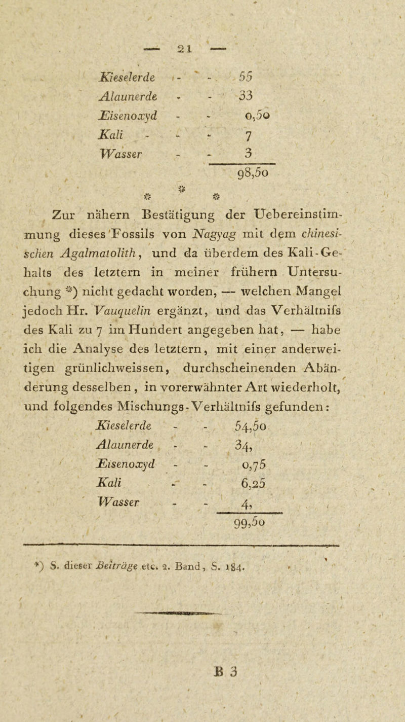 Kieselerde »- ' -. 55 Alaunerde 33 Eisenoxsd o,5o Kali > 7 1 Wasser 3 iir »r? ifc 98,50 Zur nähern Bestätigung der Uebereinstirn- mung dieses'Fossils von Nagyag mit dem chinesi- sehen Agalmalolith, und da überdem des Kali-Ge- halts des letztem in meiner frühem Untersu- chung *) nicht gedacht worden, — welchen Mangel jedoch Hr. Vauqudin ergänzt, und das Verhältnifs des Kali zu 7 im Hundert angegeben hat, — habe ich die x\nalyse des letztem, mit einer anderwei- * » tigen grünlichweissen, durchscheinenden Abän- derung desselben , in vorerwähnter Art wiederholt, und folgendes Mischungs-Verhältnifs gefunden: Kieselerde - 54,5o Alaunerde - 34, Eisenoxyd - 0,75 Kali - 6,25 Wasser - 4, 99j5o +) S. dieser Beiträga etc. 2. Band, S. 184.