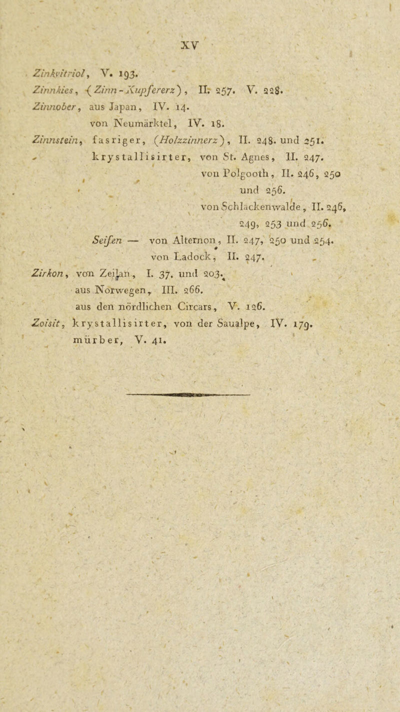 Zinh'itriol ^ V. 193. Zinnkies ^ -{^Zinn- Kupfererz') , II; 257* V. 228» Zinnober^ aus Japan, IV. 14. von Neumärktel, IV. 18. Zinnstein^ fasriger, (Holzzinnerz) ^ II. 248. und 251. - krystallisirter, von St. Agnes, II. 247. ^ vonPolgooth, 11.246,250 • und 256. von Schlackenwalcle , II. 246, 249» 253 und 255. Seifen — von Alternon, II. 247, 250 und ,254. von Ladock, II. 247. Zirkon^ von Zei^n, I. 37, und 203.^ > ^ aus Norwegen, III. 266. aus den nördlichen Circars, V. 126. Zoisit, krystallisirter, von der Saualpe, IV. 179, mürber, V. 41.