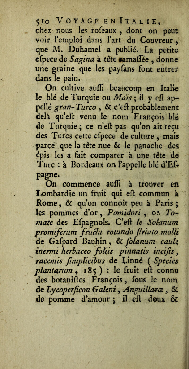 chez nous les rofeaux , dont on peut voir l’emploi dans l’art du Couvreur, que M. Duhamel a publié. La petite efpece de Sagina à tête camailee , donne une graine que les payfans font entrer dans le pain. On cultive auflî beaucoup en Italie le blé de Turquie ou Mais ; il y eft ap- pellé gran-Turco , & c’eft probablement delà qu’eft venu le nom François blé de Turquie ; ce n’eft pas qu’on ait reçu des Turcs cette efpece de culture , mais parce que la tête nue & le panache des épis les a fait comparer à une tête de Turc : à Bordeaux on l’appelle blé d’Ef-^ pagne. On commence aufli à trouver en Lombardie un fruit qui e(I commun à Rome, & qu'on connoît peu à Paris ; les pommes d’or, Pcmidori , oa To~ mate des Elpagnols. C’eft le Solanum promiferum fruclu rotundo Jîriato molli de Gafpard Bauhin, & folaaum cauU inermi herhaceo foliis pinnatis inclus, racemis fimpliabus de Linné ( Specles plantarum ^ *85 ) : le fruit eft connu des botaniftes François, fous le nom de Lycoperficon Galeni, Anguillavœ, & de pomme d'amour j il eft doux &: