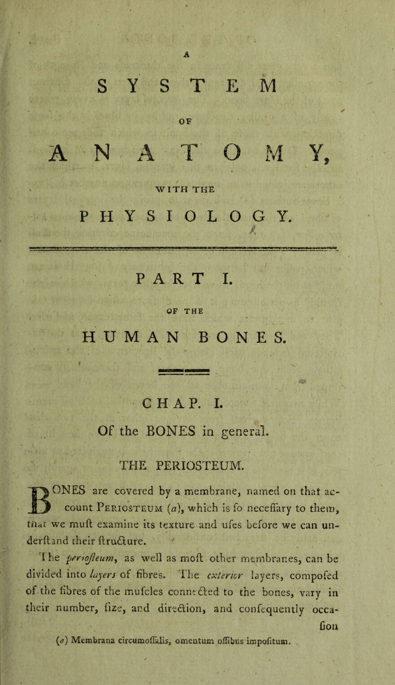 SYSTEM OF ANATOM Y, WITH THE PHYSIOLOGY. PARTI. OF THE HUMAN BONES. CHAP. I. Of the BONES in general. THE PERIOSTEUM. Bones are covered by a membrane, named on that ac- count Periosteum (a), which is To neceffary to them, tiiar w'e muft examine its texture and ufes before we can un- derftand their ftrudiure. d he penojleum^ as well as moll other membranes, can be divided into layers of fibres. The exterior layer.?, compofed of the fibres of the mufcles conntcled to the bones, vary in their number, fize, and diredion, and confequenily occa- Con (tf) Membrana circumoflklis, omentum olTibus impofitum.