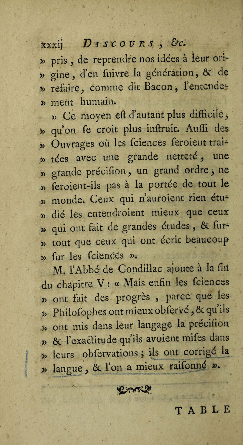 xxxij Di St OU RS, &c: » pris , de reprendre nos idées à leur ori- » gine, d’en fuivre la génération, & de » refaire, eomme dit Bacon, l’entende- » ment humain. » Ce moyen eft d’autant plus difficile, ' » qu’on fe croit plus inftruit. Auffi des i) Ouvrages où les fciences feroient trai- » tées avec une grande netteté, une » grande précifion, un grand ordre, ne » ffiroient-ils pas à la portée de tout le » monde. Ceux qui n’auroient rien étu- » dié les entendroient mieux que ceux » qui ont fait de grandes études, & fur- » tout que ceux qui ont écrit beaucoup » fur les fciences »i M. l’Abbé de Condillac ajoute à la fitl du chapitre V : « Mais enfin les fciences » ont fait des progrès , parce'que les » Philofophes ont mieux obfervé, & qu’ils >> ont mis dans leur langage la précifion » & l’exaaitude qu’ils avoient mifes dans » leurs obfervations ; ils ont corrigé la ,» langue, & l’on a mieux raifonné ». TABLE