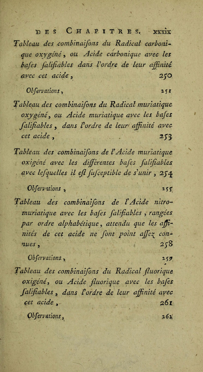 ï) E s Chapitre s. xxxîx Tableau des comhinaifons du Radical carbonia que oxygéné ^ ou Acide carbonique avec les bafes faUfiables dans Vordre de leur afinué avec cet acide ^ Sj'O Olfervaîîons-i sfi Tableau des comhinaifons du Radical muriatique oxygéné^ ou Acide muriatique avec les bafes faUfiables, dans Vordre de leur affinité avec cet acide , , . sy j Tableau des comhinaifons de VAcide muriatique oxigéné avec les differentes bafes falifLables avec lefquelles il efi fufceptible de s'unir , Ohfervatîons ^ Tableau des comhinaifons de îAcide nitro^ muriatique avec les bafes faUfiables , rangées par ordre alphabétique ^ attendu que les affi- nités de cet acide ne font point affie:^ con- nues , 25'8 Ohfervations.y^ Tableau des comhinaifons du Radical fluorique oxigénéou Acide fluorique avec les bafes faUfiables ^ dans U ordre de leur affinité ayec çet acide a6t OhfervationSf, ^62;.