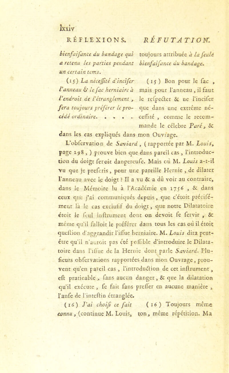 bienfaifance du bandage qui toujours attribuée a la feule a retenu les parties pendant bienfaifance du bandage, un certain tems. (15) La nécejfté d'incîfer ( ) Bon pour le fac , Vanneau & le fac herniaire à mais pour l’anneau , il faut l'endroit de l’étranglement , le refpeûcr & ne l’incifec fera toujours préférer lepro~ que dans une extrême nc- cédé ordinaire. .... celTité , comme le recom- mande le célèbre Paré j 5c dans les cas expliqués dans mon Ouvrage. L’übfervation de Saviard , ( rapportée par M. Louis, page 198 , ) prouve bien que dans pareil cas , l’introduc- tion du doigt feroit dangereufe. Mais où M. Louis a-t-il vu que je preferis, pour une pareille Hernie , de dilater l’anneau avec le doigt ? Il a vu & a du voir au contraire, dans le Mémoire lu à l’Académie en 175^ , 5c dans ceux que j’ai communiqués depuis, que c’étoit précife- ment là le cas cxciulif du doigt, que notre Dilatatoirc ctoit le leul inftrument dont on devoir fe fervir , 6c même qu’il falloir le préférer dans tous les cas où il étoic qutiiion d'aggrandir l’ilfue herniaire. M. Louis dira peut- être qu’il n’amoic pas été polTible d’introduire le Dilata- toire dans l’iflùc de la Hernie dont parle Saviard. Plu- fîeurs obfervalions rapportées dans mon Ouvrage, prou- vent qu’en pareil cas , l’introdudlion de cet inArument, cA praticable , fans aucun danger, 6c que la dilatation qu’il exécute , fe fait fans preAer en aucune manière , l’anfe de l'inteAin étranglée. (i6) J’ai choifi ce fait (i6) Toujours même connu, (continue M. Louis, ton, même répétition. Ma