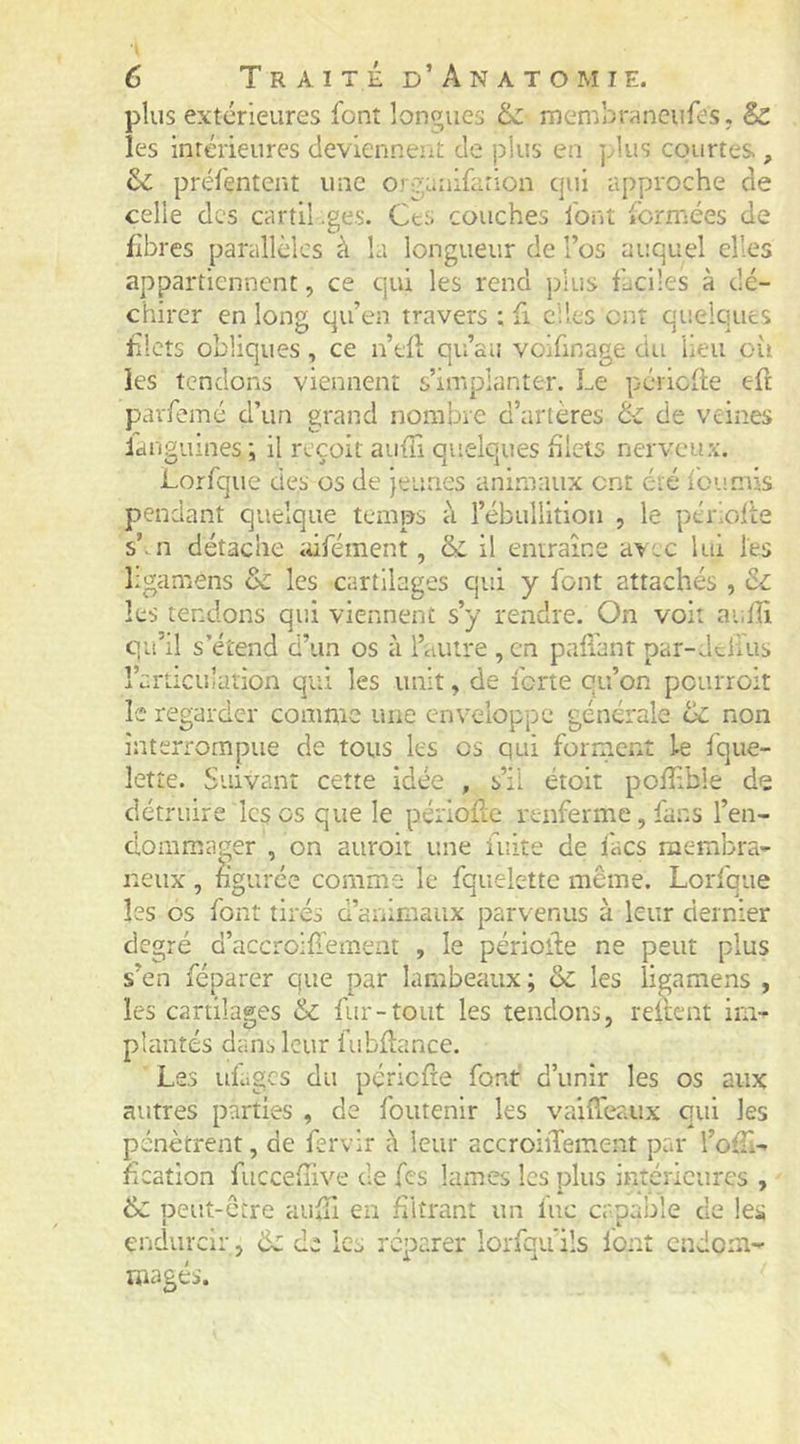 plus extérieures font longues & membraneufes. êc les intérieures deviennent de plus en plus courtes , préfentent une organifarion qui approche de celle des cartil .ge.s. Ces couches Ibnt fermées de fibres parallèles à la longueur de l’os auquel elles appartiennent, ce qui les rend plus faciles à dé- chirer en long qu’en travers ; û elles ont quelques filets obliques, ce n’tft qu’au voifinage du lieu oii les tendons viennent s’implanter. Le période eft pavfemé d’un grand nombre d’artères & de veines ianguines: il reçoit aufTi auelques filets nerveux. Lorrque des os de jeunes animaux ont été fournis pendant quelque temps à l’ébullition , le périofLC s’.n détache iâfément, & il entraîne avec lui les ligamens & les cartilages qui y font attachés , & les tendons qui viennent s’y rendre. On voit aufïï qu’il s’étend d’un os à l’autre , en pafianr par-JciUis î’articu’arion qui les unit, de forte qu’on pourroit le regarder comme une enveloppe générale cC non interrompue de tous les os qui forment 1-e fque- letîe. Suivant cette idée , s’il étoit pofHble de détruire les os que le péiiofte renferme, fans l’en- dommager , on auroii une fuite de facs membra- neux , figurée comme le fquelette même. Lorfque les os font tirés d’animaux parvenus à leur dernier degré d’accroifl'emeat , le périoile ne peut plus s’en réparer que par lambeaux ; & les ligamens , les cartilages & fur-tout les tendons, relient im- plantés dans leur fubflance. Les idagcs du périefte font d’unir les os aux autres parties , de foiitenir les vaiffeaux qui les pénètrent, de fervir à leur accroiffement par l’olTi- heation fuccefhve de fes lames les plus intérieures , - 6c peut-être aufTi en filtrant un lue capable de !eÿ endurcir, 6c de les réparer lorfqu’ils font endom- magés.