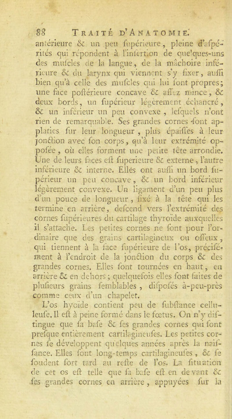 aniérieure & un peu fupérieure, pleine dVifpé- rites qui répondent à rinltrtion de que’ques-uns des miilcles de la langue, de la mâchoire infé- rieure & du larynx qui viennent s’y fixer, aufîi bien qu’à celle des mufcles qui lui font propres; une face poftérieure concave & afftz rrûnce, & deux bords, un fupérieur légèrement échancré, & un inférieur un peu convexe , lefqucls n’ont rien de remarquable. Ses grandes cornes dont ap- platies fur leur longueur , plus épaifl'es à leur jonftion avec fon corps, qu’à leur extrémité op- pofée, où elles forment une petite tête arrondie. Une de leurs faces eft fuperieure externe, l’autre inférieure &: interne. Ellés ont auffi un bord fu- périeur un peu concave, 6c un bord inférieur légèrement convexe. Un ligament d’un peu plus d’un pouce de longueur , fixé à la tête qui les termine en arrière, defeend vers l’extrémité de^ cornes fupérieures du cartilage thyroïde auxquelles il s’attache. Les petites cornes ne font pour l’or- dinaire que des grains cartilagineux ou offeiix, qui tiennent à là face fupérieure de l’os, précifé- ment à l’endroit de la jonction du corps ôc des grandes cornes. Elles font tournées en haut, en arrière &c en dehors ; quelquefois elles font faites de plufieurs grains femblables , difpofés à-peu-près comme ceux d’un chapelet. L’os hyoïde contient peu de fubflance ceüu- leufe. Il eft à peine formé dans le fœtus. On n’y dif- tingue que fa bafe 6c fes grandes cornes qui font prefque entièrement cartilagineufes. Les petites cor- nes fe développent quelques années après la naif- fance. Elles font long-temps cartilagineufes , 6c fe fondent fort tard au refte de l’os. La fituaticn de cet os eft telle que fa bafe eft en devant 6c l'es grandes cornes en arrière , appuyées fur la