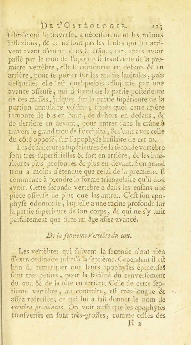 tébrale qui letraverl'e, a néceifcurement les mêmes inflexions, & ce né font pas les fcules qui lui arri- vent avant d’entrer d; ns b crâne; car, après avoir pafTé par le trou de i’apoph) fé tranfverle de la pre- mière vertèbre , elle le contourne en dehors en arrière , pour le porter fur les malles latérales , près del’quelles elle ‘ eft quelquefois .;lTuj.tne par une avance ofl'eiife, qui delcenti de la partie poiférieure de ces mafl’es, jufques fur la partie fupérieiire de la portion annulaire voifme ; après quoi cette arière remonte de buS en haut, de dehors an dedans , oc de derrière en devant, pour entrer dans le crâne à travers le grand trou de ibccipUal, & s’unir avec celle du côté oppefé, lur l’apophylè baiilaire de cet os. Les échancrures lupérieures de la fécondé vertèbre font très-luperhciellfe'S de fort en arrière, dc les infé- rieures plus profondes & plus en devant. Son grand trou a moins d’étendue que celui de la première. Il commence à prendre la forme triangulaire qu’il doit avoir. Cette fécondé vertebre a dans les enfans une piece offeule de plus que les autres. C’efl fon apo- phyfe odontoï te, laquelle a une racine profonde fur la partie fupéricure de fon corps, Sc qui ne s’y unit parfaitement que dans un âge affez avancé. De la fepticme Virtebre du caü. Les vertèbres qui fuivent la fécondé n’ont rien d’extr. ordinaire pifciu’à b feptième. (^'pendant il tft Lcn d. remarquer que leurs apophyles épineiifeS font trc-<-pcrites, pour la fadhté du renverfemtnt du cou de de la lete en arrière. Celle de cette fep- tleme vertèbre, au contraire, cft très-longue dc allez redr> Üèe; ce qui lui a fait donner le nom de vertebra prvniLnms. ün voit aufîi que les apophyfes tranfverlés en fotit très-groffes j comme celles des H Z