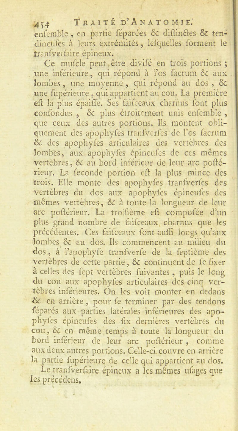 enfcmble , en partie féparées & di{lin£les & ten- dineulcs à leurs extrémités, lefquelles forment le tranfveilaire épineux. Ce mufcle peut.être divifé en trois portions ; une inférieure, qui répond à l’os facrum & aux lombes, une moyenne , qui répond au dos , & une fupérieure , qui appartient au cou. La première eft la plus épaiffe. Ses faifceaux charnus l'ont plus confondus , & plus étroitement unis enfemble , que ceux des autres portions. Ils montent obli- quement des apophyfes tranfverfes de l’es facrum & des apophyfes articulaires des vertèbres des lombes, aux apophyfes épineufes de ces mêmes vertebres, &: au bord inférieur de leur arc pofté- rieur. La fécondé portion eil; la plus mince des trois. Elle monte des apophyfes tranfverfes des vertèbres du dos aux apophyfes épineufes des mêmes vertèbres, &: à toute la longueur de leur arc poftérieur. La trolfième eft compefée d’un plus grand nombre de faifceaux charnus que les précédentes. Ces failceaux font aufîi longs qu’aux lombes & au dos. Ils commencent au milieu du dos, à l’apophyfe tranfverfe de la feptième des vertèbres de cette partie, &c continuent de le fixer à celles des fept vertèbres fuivantes , puis le long du cou aux apophyfes articulaires des cinq ver- tèbres inférieures. On les volt monter en dedans & en arrière , pour fe terminer par des tendons féparés aux parties latérales inférieures des apo- phyfes épineufes des fix dernières vertèbres du cou, & en môme temps à toute la longueur du bord inférieur de leur arc poftérieur , comme aux deux autres portions. Celle-ci couvre en arrière la partie fupérieure de celle qui appartient au dos. Le rranfverfaire épineux a les mêmes ufages que les précédens.