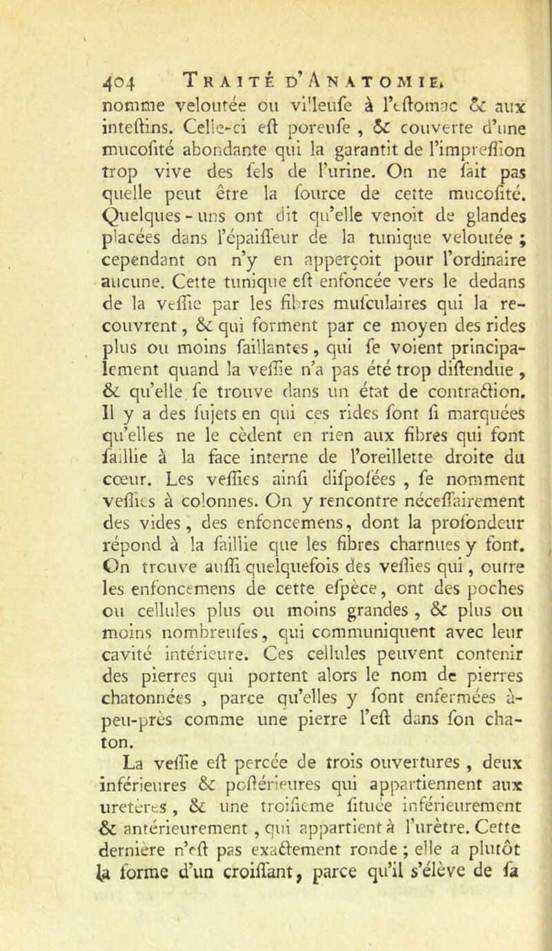 nomme veloutée ou villeufe à rtftom.:ic ôc aux inteftins. Celle-ci eft poreufe , couverte d’une imicofité abondante qui la garantit de l’imprefTion trop vive des fels de Turine. On ne fait pas quelle peut être la fource de cette mucofité. Quelques - uns ont dit qu’elle venoit de glandes placées dans l’épaiffeiir de la tunique veloutée ; cependant on n’y en apperçoit pour l’ordinaire aucune. Cette tunique eft enfoncée vers le dedans de la vefTic par les fibres miifculaires qui la re- couvrent , 6l qui forment par ce moyen des rides plus ou moins Taillantes, qui fe volent principa- lement quand la vefiie n’a pas été trop diftendue , &. qu’elle fe trouve dans un état de contradion. Il y a des fujets en qui ces rides font fi marquées qu’elles ne le cèdent en rien aux fibres qui font faillie à la face interne de l’oreillette droite du cœur. Les veflics alnfi difpofées , fe nomment vefiies à colonnes. On y rencontre nécefTairement des vides, des enfcncemens, dont la profondeur répond à la faillie que les fibres charnues y font. On trouve aulTi quelquefois des vefiies qui, outre les enfoncemens de cette efpèce, ont des poches ou cellules plus ou moins grandes , & plus ou moins nom.breufes, qui communiquent avec leur cavité Intérieure. Ces cellules peuvent contenir des pierres qui portent alors le nom de pierres chatonnées , parce qu’elles y font enfermées à- peu-près comme une pierre l’efl: dans fon cha- ton. La velfie efi percée de trois ouvertures , deux inférieures &: pofiérieures qui appartiennent aux uretères , &L une troifieme fitiiée inférieurement & antérieurement, qui appartient k l’urètre. Cette dernière n’rft pas exadement ronde ; elle a plutôt fa forme d’un croilTant, parce qu’il s’élève de fa