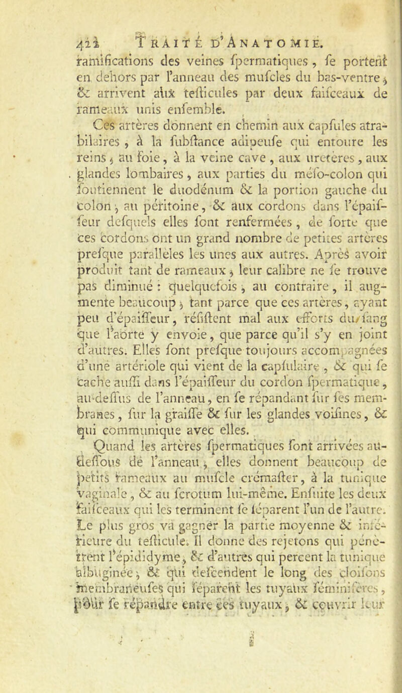 ramifications des veines fpermatiqiies , fe portent en dehors par ranneaii des mufcles du bas-ventre ^ &: arrivent aliX teflicules par deux faifceaui de rameaux unis enfemble. Ces artères donnent en chemin aux capfules atra- bilaires , à la fubflance adipeufe oui entoure les reins $ au foie, à la veine cave , aux uretères, aux glandes lombaires, aux parties du méfo-colon qui foutiennent le duodénum & la portion gauche du colon:, au péritoine, & aux cordons dans Tcpaif- feur dcfquels elles font renfermées , de forte que Ces cordons ont un grand nombre de petites artères prefque parallèles les unes aux autres. Après avoir produit tant de rameaux ^ leur calibre ne fe trouve pas diminué : quelquefois , au contraire, il aug- mente beaucoup j tant parce que ces artères, ayant peu d'épailTcur, réfiftent mal aux efforts du/lhng que fabrte y envoie, que parce qu’il s’y en joint d’autres. Elles font prefque toujours accomf-agnées d’une artériole qui vient de la capfiilaire , & qui fe Cache aufîi dans l’épailTeur du cordon fpermatique, aU'deflus de l’anneau, en fe répandant fur fes mem- branes , fur la gfaiffe & fur les glandes voifines, & Igiii communique avec elles. Quand les. artères fpermatiques font arrivées au- üeffouS dé l’anneau ^ elles donnent beaucoup de petits famcaüx au mufcle cremafter, à la tunique vaginale, & au ferotum lui-même. Enfiiite les deux fiiiiceaux qui les terminent fe iéparent l’un de l’autre. I.e plus gros va gagner la partie moyenne intc- Hcurc du lefliclile. Il donne des rejetons qui péne- îtent fépididyme, ^ d’autres qui percent la tunique aibuginéc', qui defcehd'ent le long des cloilbns jnembrarieufeÇqui réparent: les tuyaux feminifèves, fe répandre entre èes tuyaux, & ceuvrir kur