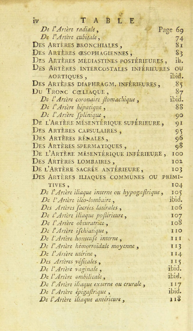 TABLE Dt ÜAnln radiale, Page (39 De l'Attire cubitale^ 74 Des Artères bronchiales , U i Des Artères ŒSOPHAGIENNES, 83 Des Artères médiastines postérieures , ib. Des Artères intercostales inférieures ou aortiques , ibid. Des Artères diaphragm. inférieures, .85 Du Tronc cœliaque, 87 De r Artère coronaire jîomachique , ibid. De r Artère hépatique , 88 De L'Artère fp Uni que , 90 De l’Artère mésentérique supérieure , 91 Des Artères capsulaires , 95 Des Artères rénales , 96 Des Artères spermatiques , 98 De l’Artère mésentérique inferieure, ioo Des Artères lombaires , 102 De l’Artère sacrée antérieure, 103 Des Artères iliaques communes ou primi- tives , 104 De CArtère iliaque interne ou hypogajlrique, 105 De lArtère iléo-Loinbaire , ibid. Des Artères facrées latérales ^ 106 De l'Artère iliaque poftérieiire ^ ,, 107 De L'Artère obturatrice. ' \ 108 , ' I De lArtère ifchlutique ^ IIO De lArtère honteufe interne , 111 De l'Artère hémorroïdale moyenne , 113 De l'Artère utérine , 114 - Des Artères véjicales , 11 5 De l'Artère vaginale, ' ibid. De L'Artère ombilicale , ibid. De l'Artère iliaque externe ou crurale , 117 De l'Artère épigaflriquc , ibid. De L'Artère iliaque antérieure , j 18