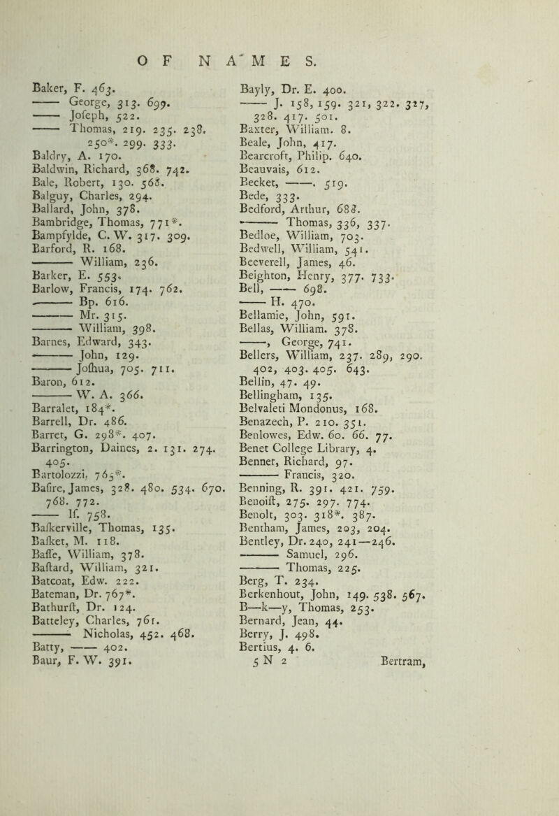 Baker, F. 463. George, 313. 699. Jofeph, 522. Thomas, 219. 235. 238. 250*. 299. 333. Baldry, A. 170. Baldwin, Richard, 368. 742. Bale, Robert, 130. 568. Balguy, Charles, 294. Ballard, John, 378. Bambridge, Thomas, 771*. Bampfylde, C. W. 317. 309. Barford, R. 168. William, 236. Barker, E. 553, Barlow, Francis, 174. 762. Bp. 616. Mr. 315. William, 398. Barnes, Edward, 343. John, 129. Jolhua, 705. 711. Baron, 612. W. A. 366. Barralet, 184*. Barrell, Dr. 486. Barret, G. 298*. 407. Barrington, Daines, 2. 131. 274. 405. Eartolozzi. 763*. Bafire, James, 328. 480. 534. 670. 768. 772. If. 758. Balkerville, Thomas, 135. Balket, M. 118. Baffe, William, 378. Ballard, Willia m, 321. Batcoat, Edw. 222. Bateman, Dr. 767*. Bathurll, Dr. 124. Batteley, Charles, 76r. Nicholas, 452. 468. Batty, 402. Bayly, Dr. E. 400. J. 158, 159. 321, 322. 327, 328. 417. 501. Baxter, William. 8. Beale, John, 417. Bearcroft, Philip. 640. Beauvais, 612. Becket, . 519. Bede, 333. Bedford, Arthur, 688. — Thomas, 336, 337. Bedloe, William, 703. Bedwell, William, 541. Beeverell, James, 46. Beighton, Henry, 377. 733. Bell, 698. H. 470. Bellamie, John, 591. Bellas, William. 378. , George, 741. Bellers, William, 237. 289, 290. 402, 403. 405. 643. Beilin, 47. 49. Bellingham, 135. Belvaleti Mondonus, 168. Benazech, P. 210. 351. Benlowes, Edw. 60. 66. 77. Benet College Library, 4. Benner, Richard, 97. Francis, 320. Benning, R. 391. 421. 759. Benoilt, 275. 297. 774. Benoit, 303. 318*. 387. Bentham, James, 203, 204. Bentley, Dr. 240, 241—246. Samuel, 296. Thomas, 225. Berg, T. 234. Berkenhout, John, 149. 538. 567. B—k—y, Thomas, 253. Bernard, Jean, 44. Berry, J. 498. Bertius, 4. 6.