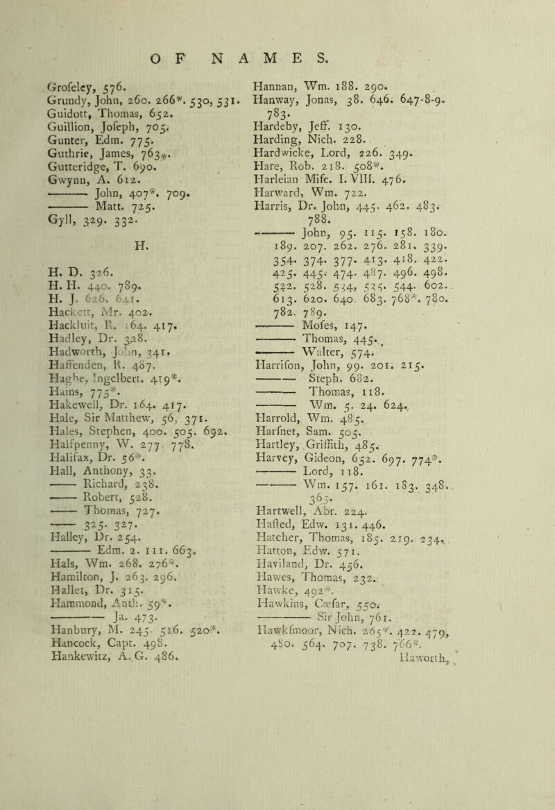 Grofelcy, 576. Grundy, John, 260. 266*. 530, 531. Guidott, Thomas, 652. Guillion, Jofeph, 705. Gunter, Edm. 775. Guthrie, James, 763*. Gutteridge, T. 690. Gwynn, A. 612. John, 407*. 709. Matt. 725. Gyll, 329. 332. H. H. D. 326. H. H. 440. 789. H. J. 626. 641. Hackett, Mr. 402. Hackluit, 11. .64. 417. Hadley, Dr. 348. Hadworth, j ’an, 341. Haffenden, R. 487. Haghe, Tngelbert, 419*. Hams, 775*. Hakewell, Dr. 164. 417. Hale, Sir Matthew, 56, 371. Hales, Stephen, 400. 505. 692. Halfpenny, W. 277 778. Halifax, Dr. 56*. Hall, Anthony, 33. Richard, 238. Robert, 528. Thomas, 727. 325* 327* Halley, Dr. 254. Edm. 2. in. 663. Hals, Wm. 268. 276*. Hamilton, J. 263. 296. Hallet, Dr. 315. Hammond, Anth. 59^. Ja. 473. Hanbury, M. 245. 516. 520*. Hancock, Capt. 498. Hankewitz, A, G. 486. Hannan, Wm. 188. 290. Hanway, Jonas, 38. 646. 647-8-9. 783. Hardeby, Jeff. 130. Harding, Nich. 228. Hardwicke, Lord, 226. 349. Hare, Rob. 218. 508*. Harleian Mifc. I. VIII. 476. Harward, Wm. 722. Harris, Dr. John, 445. 462. 483. 788. John, 95. 115. 158. 180. 189. 207. 262. 276. 281. 339. 354* 374- 377- 4*3- 4*8. 422- 425* 445- 474- 4«7- 496- 498- 522. 528. 534, 53?. 544- 6o2- 613. 620. 640. 683. 768*. 780. 782. 789. — Mofes, 147. ■ Thomas, 445.. Walter, 574. Harrifon, John, 99. 201. 215. Steph. 682. Thomas, 118. Wm. 5. 24. 624^ Harrold, Wm. 485. Harfnet, Sam. 505. Hartley, Griffith, 485. Harvey, Gideon, 652. 697. 774*. Lord, 118. Wm. 157. 161. 183. 348. 36.5- Hartwell, Abr. 224. Hailed, Edw. 131. 446. Hatcher, Thomas, 185. 219. 234. Hatton, Edw. 571. Haviland, Dr. 456. Hawes, Thomas, 232. Hawke, 492*. Hawkins, Cm far, 550.- Sir John, 761. Hawkfmoor, Nich. 265*'. 422.479, 480. 564. 707. 738. 766*. Haworth,