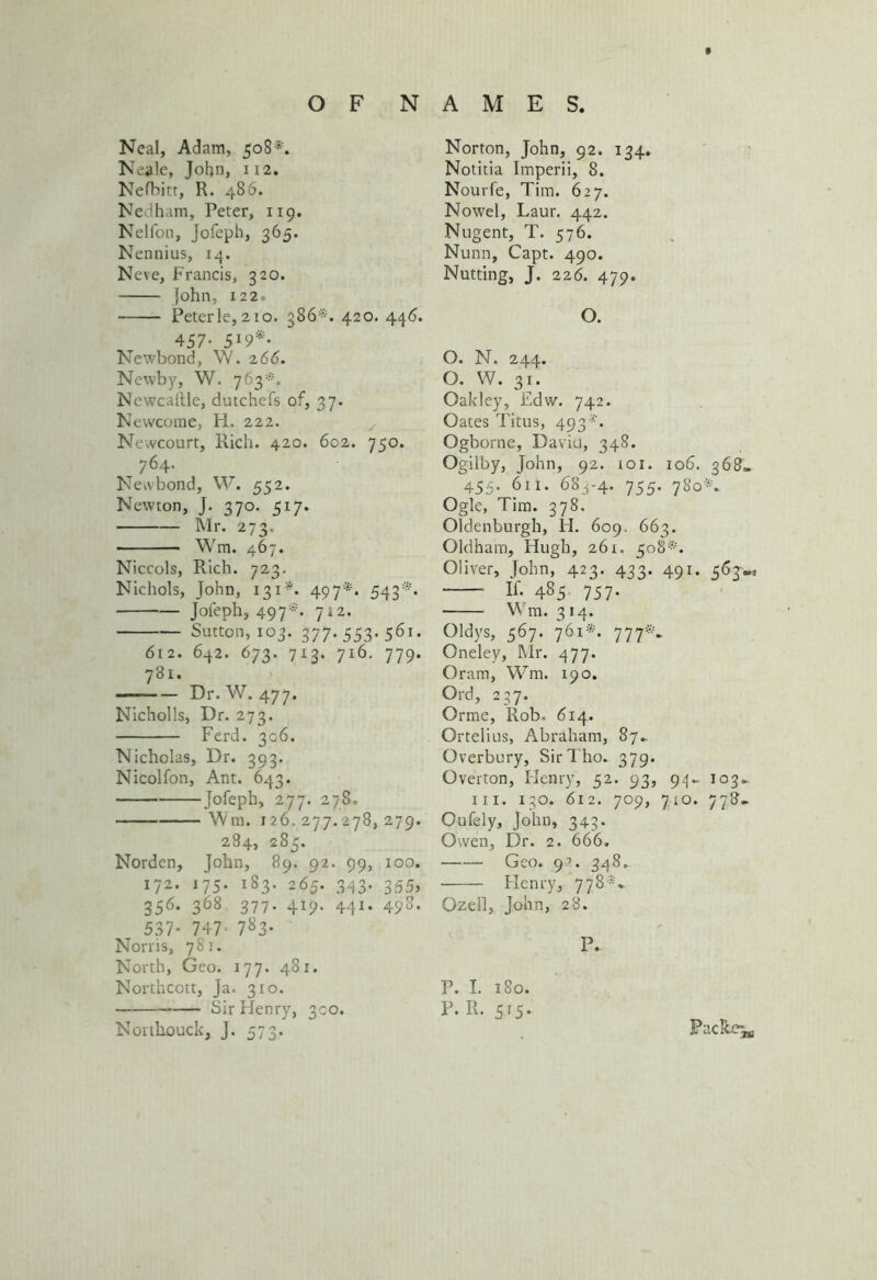 O F N Neal, Adam, 508*. Neale, John, 112. Nefbitt, R. 486. Nedham, Peter, 119. Nelfon, Jofeph, 365. Nennius, 14. Neve, Francis, 320. John, 122» Peterle, 210. 386*. 420. 446. 457- 5*9*- Newbond, W. 266. Newby, W. 763*. Newcastle, dutchefs of, 37. Newcome, H. 222. Newcourt, Rich. 420. 602. 750. 764. Newbond, W. 55 2. Newton, J. 370. 517. Mr. 273. ■ Wm. 467. Niccols, R.ich. 723. Nichols, John, 131*. 497'** 543*. Jofeph, 497*. 712. Sutton, 103. 377-553-56i. 612. 642. 673. 713. 716. 779. 781. Dr. W. 477. Nicholls, Dr. 273. Ferd. 306. Nicholas, Dr. 393. Nicolfon, Ant. 643. Jofeph, 277. 278. Wm. 126. 277. 278, 279. 284, 285. Norden, John, 89. 92. 99, 100. 172. 175. 183. 265. 343. 355, 356. 368 377. 419. 441. 498. 537- 747- 783- Norris, 781. North, Geo. 177. 481. Northcott, Ja. 310. Sir Henry, 300. Nonhouck, J. 573. AMES. Norton, John, 92. 134. Notitia Imperii, 8. Nourfe, Tim. 627. Nowel, Laur. 442. Nugent, T. 576. Nunn, Capt. 490. Nutting, J. 226. 479. O. O. N. 244. O. W. 31. Oakley, Edw. 742. Oates Titus, 493*. Ogborne, David, 348. Ogilby, John, 92. 101. 106. 368,. 455. 61 i. 683-4. 755. 780*. Ogle, Tim. 378. Oldenburgh, H. 609. 663. Oldham, Hugh, 261. 508*. Oliver, John, 423. 433. 491. 563 if. 485 757. Wm. 3 14. Oldys, 567. 761*. 777*. Oneley, Mr. 477. Oram, Wm. 190. Ord, 237. Orme, Rob. 614. Ortelius, Abraham, 87.. Overbury, SirTho. 379. Overton, Henry, 52. 93, 94- 103. hi. 130. 612. 709, 710. 778- Oufely, John, 343. Owen, Dr. 2. 666. Geo. 92. 348.. Henry, 778*. Ozell, John, 28. P. P. I. 180. P. R. 515. Padbej,