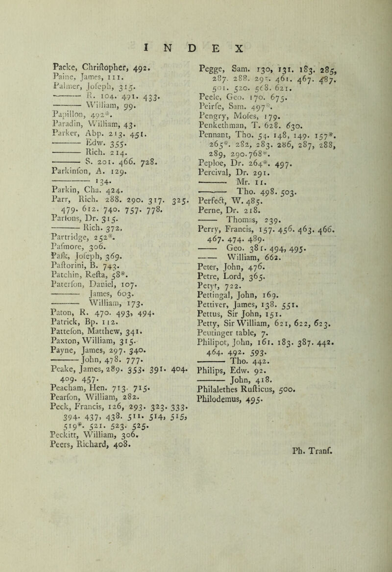Packe, Chriftopher, 492. Paine, James, 111. Palmer, Jofeph, 315. ■ X- 104. 49i- 4S3- William, 99. Papillon, 492*. Paradin, William, 43. Parker, Abp. 213. 451. Edw. 355* ■ Rich. 214. ■ S. 201. 466. 728. Parkinfon, A. 129. . '34- Parkin, Cha. 424. Parr, Rich. 288. 290. 317. 325. 479. 612. 740. 757. 778. Parlons, Dr. 315. Rich. 372. Partridge, 252*. Pafmore, 306. Paik, Jofeph, 3 69. Paftorini, B. 743. Patchin, Refta, 58*. Paterfon, Daniel, 107. James, 603. — William, 173. Paton, R. 470. 493, 494. Patrick, Bp. 112. Pattefon, Matthew, 341. Paxton, William, 315. Payne, James, 297. 340. John, 478. 777. Peake, James, 289. 353. 391. 404. 409. 457. Peacham, Hen. 713. 715. Pearfon, William, 282. Peck, Francis, 126, 293. 323. 333. 394- 437> 438- 511- 5r4> S'5> 5i9*. 521. 523. 525. Peckitt, William, 306. Peers, Pvichard, 408. Pegge, Sam. 130, 131. 183. 285, 287. 288. 29^. 461. 467. 487. 501. 520. 5<;8. 621. Peele, Geo. 170. 675. Peirfe, Sam. 497*. Pengry, Mofes, 179. Penkethman, T. 628. 630. Pennant, Tho. 54. 148, 149. 157*. 263*. 282, 283. 2287, 288, 289, 290.768'. Peploe, Dr. 264*. 497. Percival, Dr. 291. — Mr. 11. ■ Tho. 498. 503. Perfect, W. 485. Perne, Dr. 218. Thomas, 239. Perry, Francis, 157. 456. 463. 466. 467. 474. 489. Geo. 38 r. 494, 495. William, 662. Peter, John, 476. Petre, Lord, 365. Petyt, 722. Pettingal, John, 169. Pettiver, James, 138. 551. Pettus, Sir John, 151. Petty, Sir William, 621, 622, 623. Peutinger table, 7. Philipot, John, 161. 183. 387. 442. 464. 492. 593. Tho. 442. Philips, Edw. 92. John, 418. Philalethes Rufticus, 500. Philodemus, 495. Ph. Tranf.