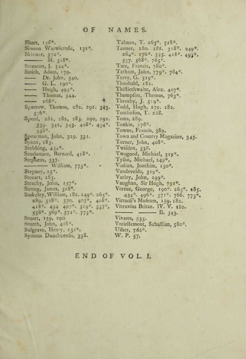 Short, 156*. Simeon Warwicenfis, 131 ^ Skinner, 272*. M. 318*. Smeaton, J. 344*. Smith, Adam, 1 79. Dr. John, 340. ■ G. L. 190*. Hugh, 495*. • Thomas, 344. « 266*. v! Sparrow, Thomas, 282. 291: 343. 536*. Speed, 281, 282, 283. 290, 291. 339- 342* 343- 408*. 434*. 538*. tpearman, John, 329. 331. picer, 183. Stebbing, 434*. Scudamore, Barnard, 418*. Stephens, 337. William, 775*. Stepney, 25*. Steuart, 283. Strachy, John, 157*. Strong, James, 328*. Stukeley, William, 182.249*. 265*. 289. 328*. 370. 407*, 408*. 418*. 434 497*- 5X9* 537h> 538*- 569*• 572** 775*- Stuart, 159, 290 Sturch, John, 408*. Sulgrave, Henry, 131'*. Symeon Dunelmenfis, 338. Talman, T. 265*. 318*. Tanner, 280. 282. 318*. 249*. 264*. 276*. 335. 418*. 493*. 537- 568*- 765*'. Tate, Francis, 780*. Tatham, John, 779*. 784*. Terry, G. 319*. Theobald, 182. Thiftlethwaite, Aiex. 407*. Thompfon, Thomas, 763*. Throsby, J. 5(9*. Todd, Hugh, 279. 282. Tomlinfon, T. 288. Toms, 289. Tonkin, 276*. Towne, Francis, 389. Town and Country Magazine, 343. Turner, John, 408*. Twifden, 338. Twogood, Michael, 319*. Tyfon, Michael, 249*. Vadian, Joachim, 130*. Vandevelde, 319*'. Varley, John, 299*. Vaughan, Sir Hugh, 791*. Vertue, George, 190*. 265*. 285 _ 434*- 496*- 57**• 766. 773* Virtuofi’s Mufeum, 159.182. Vitruvius Britan. IV. V. 180. — II, 343. Vivares, 535. Voriellemont, Sebaftian, 580*. Ufher, 762*. W. P. 57. END OF YOU