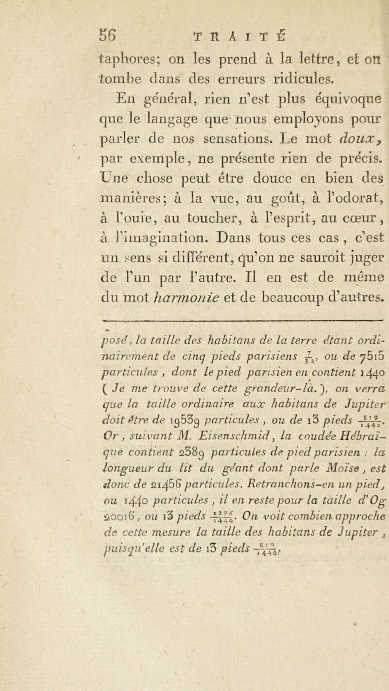 taphores; on les prend à la lettre, et on tombe dans des erreurs ridicules. En général, rien n’est plus équivoque que le langage que nous employons pour parler de nos sensations. Le mot douxÿ par exemple, ne présente rien de précis. Une chose peut être douce en bien des manières; à la vue, au goût, à l’odorat, à rouie, au toucher, à l’esprit, au cœur, à l’imagination. Dans tous ces cas , c’est un sens si différent, qu’on ne sauroit juger de l’un par l’autre. Il en est de même du mot harmonie et de beaucoup d’autres. posé, la taille des habitons de la terre étant ordi- nairement de cinq pieds parisiens ~x, ou de ybiS particules, dont le pied parisien en contient *44° ( Je me trouve de cette grandeur-là. ); on verra, que la taille ordinaire aux habitons de Jupiter doit être de particules , ou de i3 pieds Or, suivant M. Eisenschmid, la coudée Hébraï- que contient 258c) particules de pied parisien : la longueur du lit du géant dont parle Moïse, est donc de particules. Retranchons-en un pied, ou 144° particules , il en reste pour la taille d’O g ûoqiG, ou i5 pieds On voit combien approche de cette mesure la taille des habituas de Jupiter , puisqu’ elle est de i3 pieds /