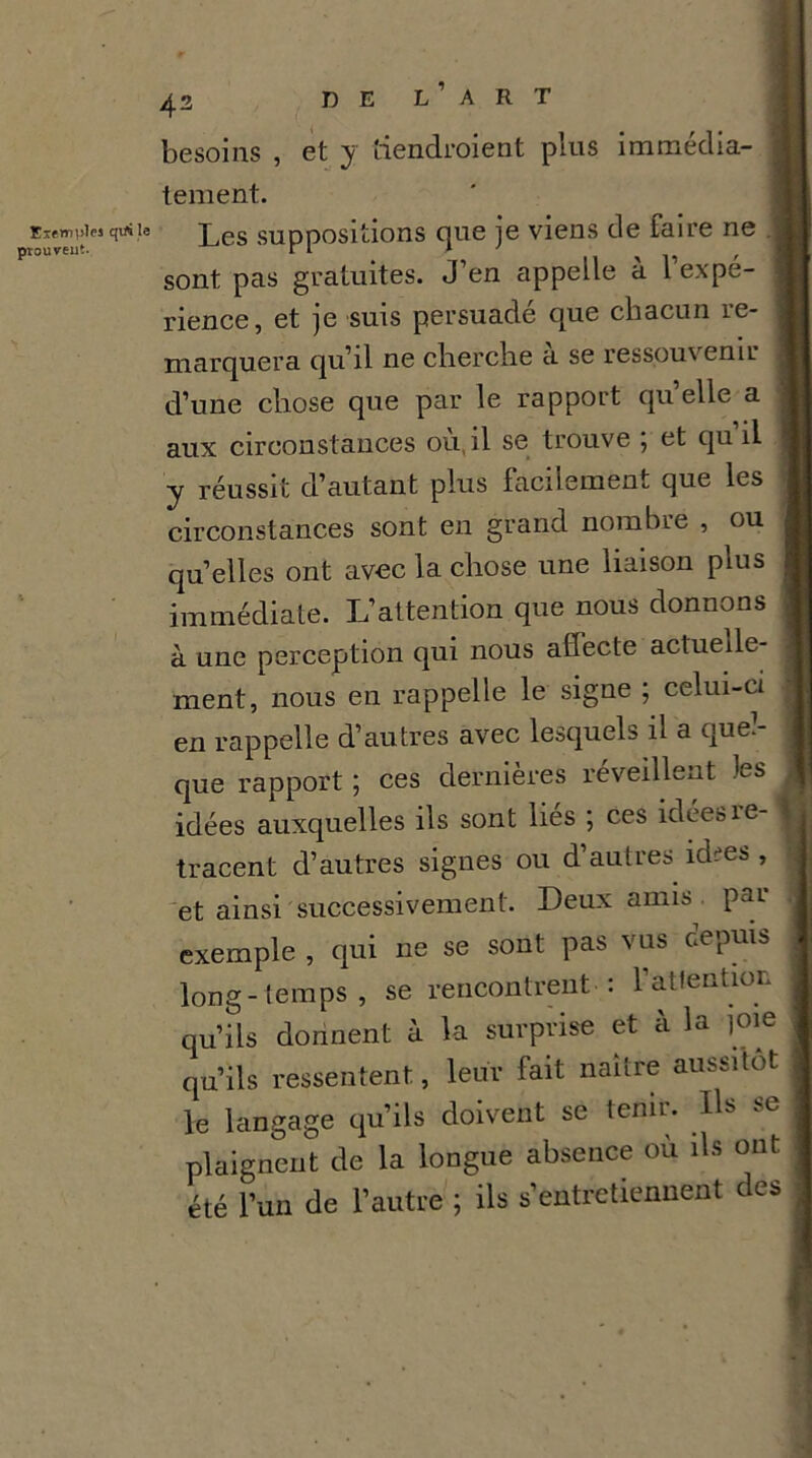 Exemples qirile prouvent. 4 2 n E L ’ A R T besoins , et y dendroient plus immédia- | tement. Les suppositions que je viens de faire ne j sont pas gratuites. J’en appelle à l’expé- ! rience, et je suis persuadé que chacun re- marquera qu’il ne cherche à se ressouvenir j d’une chose que par le rapport quelle a ; aux circonstances où, il se trouve ; et qu’il y réussit d’autant plus facilement que les circonstances sont eu grand nombre , ou j quelles ont avec la chose une liaison plus ! immédiate. L’attention que nous donnons à une perception qui nous affecte actuelle- ment, nous en rappelle le signe ; celui-ci en rappelle d’autres avec lesquels il a quel- j que rapport ; ces dernières réveillent les ( idées auxquelles ils sont liés ; ces idéesre- \ tracent d’autres signes ou d’autres idees , et ainsi successivement. Deux amis par exemple , qui ne se sont pas vus depuis long-temps, se rencontrent : l’attention qu’ils donnent à la surprise et à la joie qu’ils ressentent, leur fait naître aussitôt le langage qu’ils doivent se tenir. Us se plaignent de la longue absence ou ils ont été l’un de l’autre ; ils s’entretiennent des