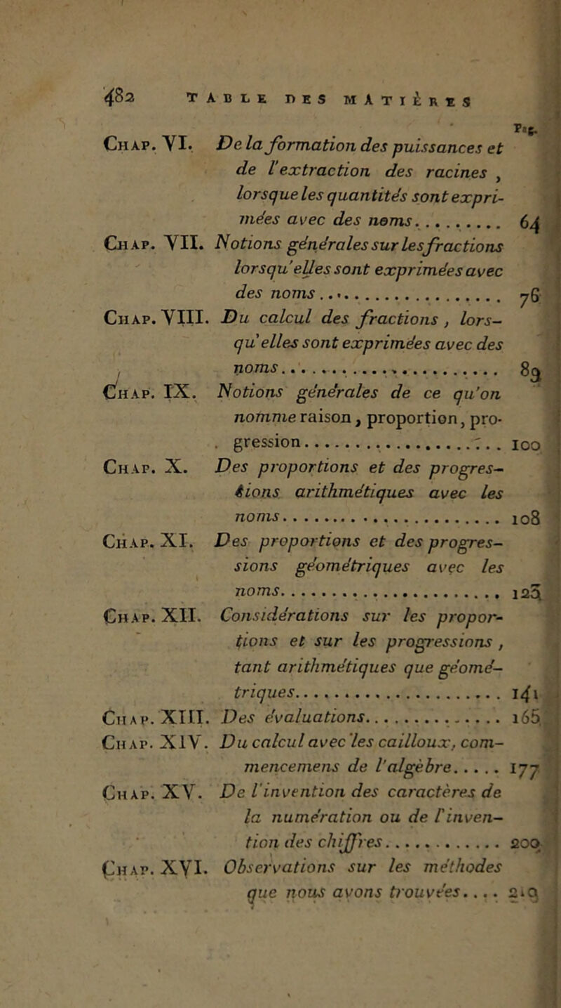 Chap. VI* De la formation des puissances et de l'extraction des racines , lorsque les quantités sont expri- mées avec des noms Chap. VII. Notions générales sur les fractions lorsqu eUes sont exprimées avec des noms Chap. VIII. Du calcul des fractions , lors- qu'elles sont exprimées avec des , noms Chap. IX. Notions générales de ce qu’on nomme raison, proportion, pro- . gression ; . . Chap. X. Des proportions et des progrès— êions arithmétiques avec les noms Chap. XI. Des proportions et des progres- sions géométriques avec les noms Chap. XII. Considérations sur les propor- tions et sur les progressions, tant arithmétiques que géomé- triques Chap. XIII. Des évaluations Chap. XIV. Du calcul avec ‘les cailloux, com- mencemens de l’algèbre Chap. XV. De. iinvention des caractères de la numération ou de l'inven- tion des chiffres Çhap. Xyi. Observations sur les méthodes que nous avons trouvées.... Pag. 64 7S % ioo 108 123 14‘ i65. I77 200 A