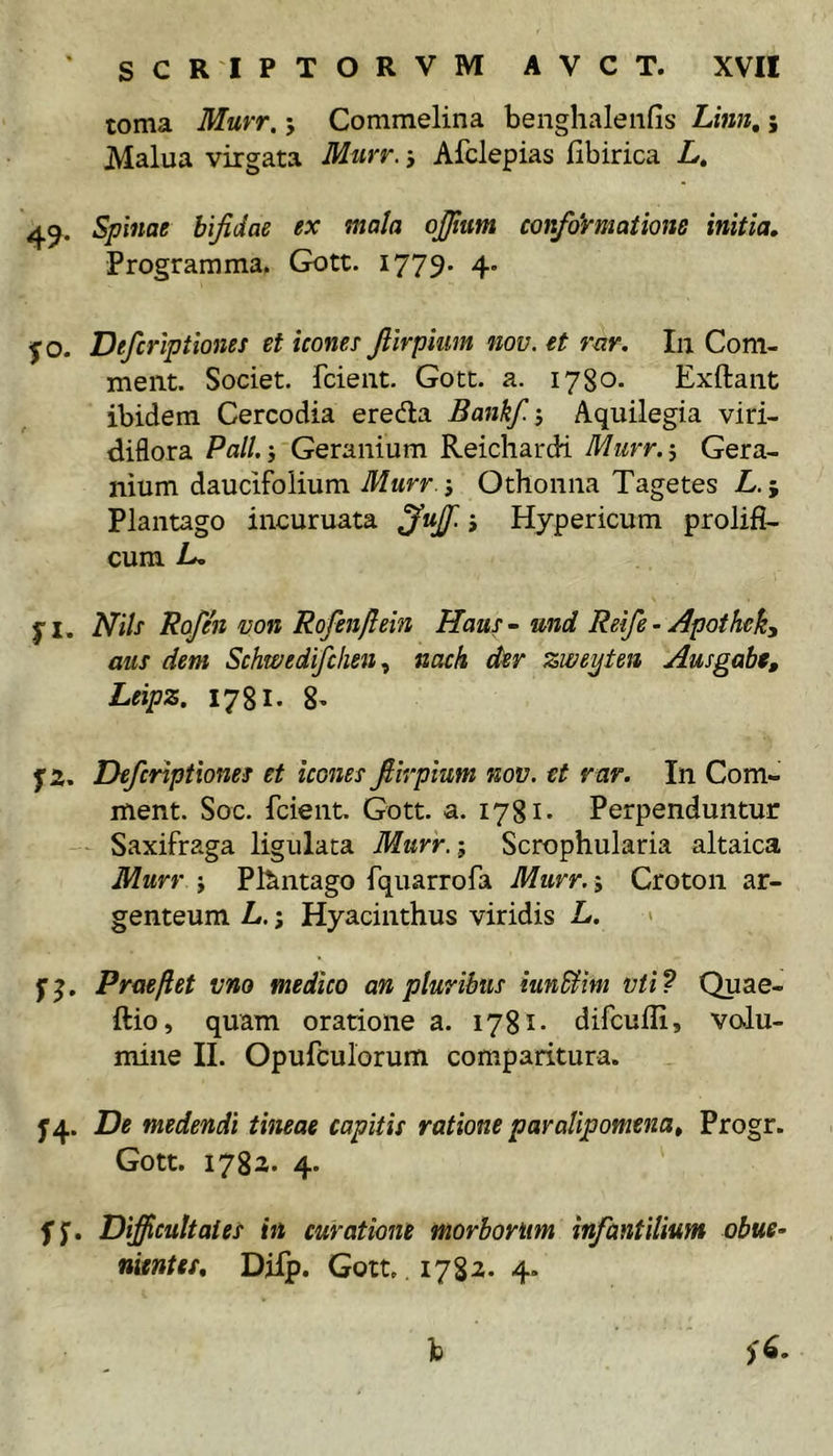 torna Murr. j Commelina benghalenfis Linn, j Malua virgata Murr. j Afclepias llbirica L. Spinae bifidae ex mala ojjiim conformatione initia. Programma. Gott. 1779- 4* jo. Deferiptiones et icones fiirpkm nov. ct rar, Iii Com- meiit. Societ, feient. Gott. a. 1780, Exftaiit ibidem Cercodia eredla Bankf}, Aquilegia viri- diflora Po//. j Geraiiium ReicharcH Murr.^ Gera- nium daucifolium Murr , Othoniia Tagetes L.; Plantago incuruata ^uff. j Hypericum prolifl- cum D. f I. Nils Ttofen von Rofenftein Haus - und Reife - Apothek, aus dem Schwedfclieu nach der zwe^ten Ausgabt, Leipz. 1781. 8^ Deferiptiones et icones fiirpium nov. et rar. In Com- ment. Soc. fcieiit. Gott. a. 1781- Perpenduntur Saxifraga ligulata Murr.', Scrophularia altaica Murr i Pfentago fquarrofa Murr, j Croton ar- genteum L. j Hyacinthus viridis L, > yj. Praejiet vno medico an pluribus iunSim vti? Quae- ftio, quam oratione a. 1781- difcufli, volu- mine II. Opufculorum comparitura. ^4. De medendi tineae capitis ratione paralipomena, Progr. Gott. 1782. 4. f J. Difficultates in curatione morborum infantilium obue~ nientes, Difp. Gott. .1782. 4.