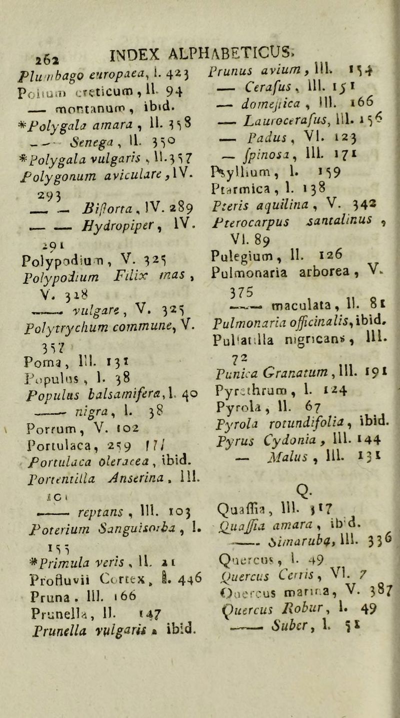 262 Plumbago europaea, i. 423 Polium creticum , 11 94 — montanum , ibtd. *'Polygala amara. , 11- 4^8 —- - Senega , 11. 350 * Polygala vulgaris ^ 11-3 S 7 polygonum aviculare ,1V. 293 Biflorra , )V. 289 .— — Hydropiper, IV. 2 9 1 Polypodiu Ti, V. 32^ Polypodium Filix tnas , V. 318 vulgare, V. 325 Polytrychum commune, V. 3 37 Poma, 111. 131 Populus , 1. 38 Populus balsami fer a,\. 40 nigra, 1. 38 Porrum, V. 102 Portulaca, 2^9 f U Portulaca oleracea, ibid. Portentilla Anserina , 111. A C 1 . reptans , 111. 103 Poterium Sanguisoiba , 1. Mi „ #Primula veris ,11. a 1 Profluvii Cortex, I. 446 Pruna . 111. • 66 Prunella, 11. «47 Prunella vulgarii » ibid. Prunus avium, 111. *i4 — Cerafus, 111. 151 ■—- domejiica , 111. 166 — Laurocerafus, 111. 156 — Padus, VI. 12 3 — jpinosa , 111. » 71 IN.yllium, 1. i“39 Ptarmica ,1. 138 Pteris aquilina , V. 342 Pterocarpus santalinus , VI. 89 Pulegium, 11. 126 Pulmonaria arborea , V. 375 ——— maculata, 11. 8t Pulmonaria ojficinalis, ibid, PuPatilla mgncan», M* 72 Punica Granatum ,111. i 91 Pyrethrum, 1. 124 Pyrola ,11. 67 Fyrola rotundifolia, ibid. Pyrus Cydonia , 111. 144 — Malus, 111. 13 1 Q. Quaffia, 111. i*7 Qua fi a amara, ibd. bimarubq., 111. 336 Quercus, 1. 49 Quercus iems, VI. 7 Quercus marina, V. 387 \)uercus Robur, 1. 49 ——. Suber, 1. 3*