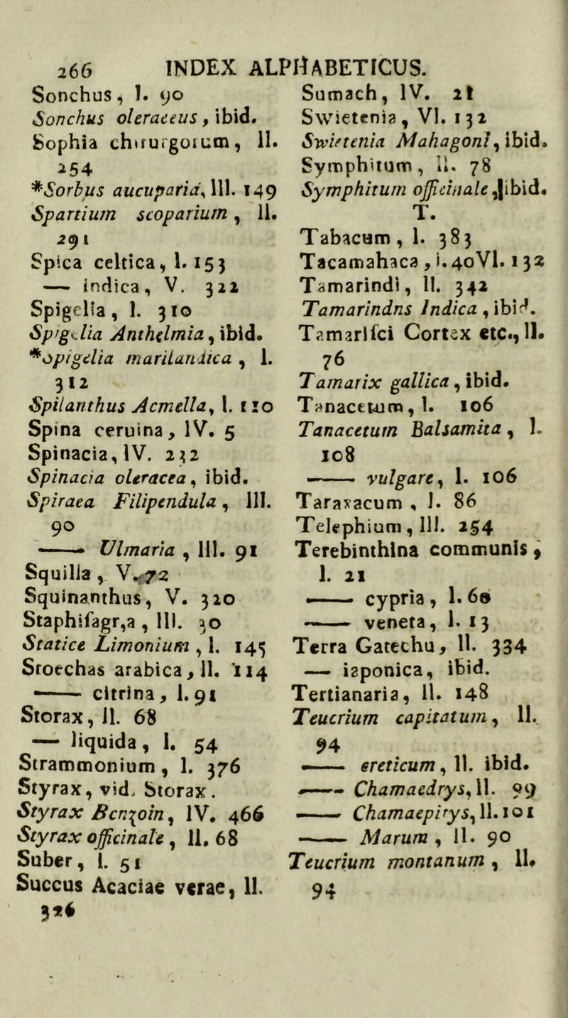 Sonchus i 1. 90 Sonchus oleraceus, ibid. Sophia chtfuigoium, H* i54 *Sorbus aucuparia\\\\. 149 Spartium scoparium, 11. 291 Spica celtica, 1.153 — indica, V. 322 Spigclia ,1. 310 Spigdia Anthelmia, ibid. *opigclia rnarilandica , 1. 312 Spilanthus Acmellay l. t io Spina ceruina, IV. 5 Spinacia,lV. 232 Spinacia oleracea, ibid. Spiraea Filipendula, 111. 90 ——• Ulmaria , 111. 91 Squilla ,. V^72 Squinanthus, V. 310 Staphifagr,a , III. 30 Statice Limonium ,1. 14^ Sroechas arabica,U. '114 citrina, 1. 91 Storax, 11. 68 — liquida, 1. 54 Strammonium , 1. 376 Styrax, vid. Storax. Styrax Bcr.^oin, IV. 466 Styrax ojjicinale, 11. 68 Suber, 1. 51 Succus Acaciae verae, 11. 3*6 Sumach, IV. 2t Swietenia , VI. 131 Snvirtenia Mahagonl, ibid. Symphitum, 11. 78 Symphiturn ojfieinale T. Tabacum ,1. 383 Tacamahaca, I.40VI. 132 Tamarindi, II. 342 Tamarindns Indica, ibid. Tamzrlfci Cortex etc., 11. 76 .... Tamarix gallica, ibid. Tanacetum,!. I06 Tanacetutn Balsamita, 1. 108 —— vulgare, 1. 106 Taravacum , I. 86 Telephium, 111. 254 Terebinthina communis » 1. 21 cypria , 1. 69 veneta, 1. 13 Terra Gatechu, 11. 334 — iaponica, ibid. Tertianaria, 11. 148 Teucrium capitatum, 11. 94 — .... ereticum, 11. ibid. — Chamaedrys, 11. 99 —— Chamaepirys, 11.101 • Alarum , 11. 90 Teucrium montanum , 11« 94