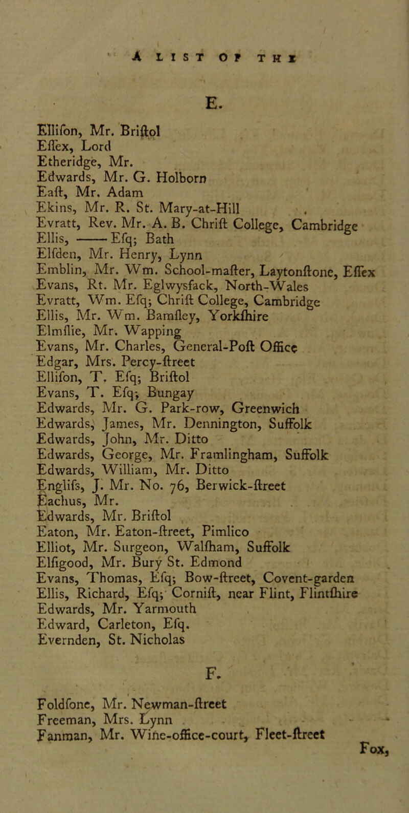 I A LIST OP TH* *1 E. Ellifon, Mr. Briftol Eflex, Lord Etheridge, Mr. Edwards, Mr. G. Holborn Eaft, Mr. Adam Ekins, Mr. R. St. Mary-at-Hill Evratt, Rev. Mr. A. B. Chrift College, Cambridge Ellis, Efq; Bath b Elfden, Mr. Henry, Lynn Emblin, Mr. Wm. School-mafter, Laytonftone, Effex Evans, Rt. Mr. Eglwysfack, North-Wales Evratt, Wm. Efq; Chrift College, Cambridge Ellis, Mr. Wm. Bamfley, Yorkfhire Elmflie, Mr. Wapping Evans, Mr. Charles, General-Poft Office Edgar, Mrs. Percy-ftreet Ellifon, T. Efq; Briftol Evans, T. Efq; Bungay Edwards, Mr. G. Park-row, Greenwich Edwards, James, Mr. Dennington, Suffolk Edwards, John, Mr. Ditto Edwards, George, Mr. Framlingham, Suffolk Edwards, William, Mr. Ditto Englifs, J. Mr. No. 76, Berwick-ftreet Eachus, Mr. Edwards, Mr. Briftol Eaton, Mr. Eaton-ftreet, Pimlico Elliot, Mr. Surgeon, Walfham, Suffolk Elfigood, Mr. Bury St. Edmond Evans, Thomas, Efq; Bow-ftreet, Covent-garden Ellis, Richard, Efq; Cornift, near Flint, Flintfhire Edwards, Mr. Yarmouth Edward, Carleton, Efq. Evernden, St. Nicholas - ' * . * » F. Foldfone, Mr. Newman-ftreet Freeman, Mrs. Lynn - Fanraan, Mr. Winc-office-court, Fleet-ftreet Fox,