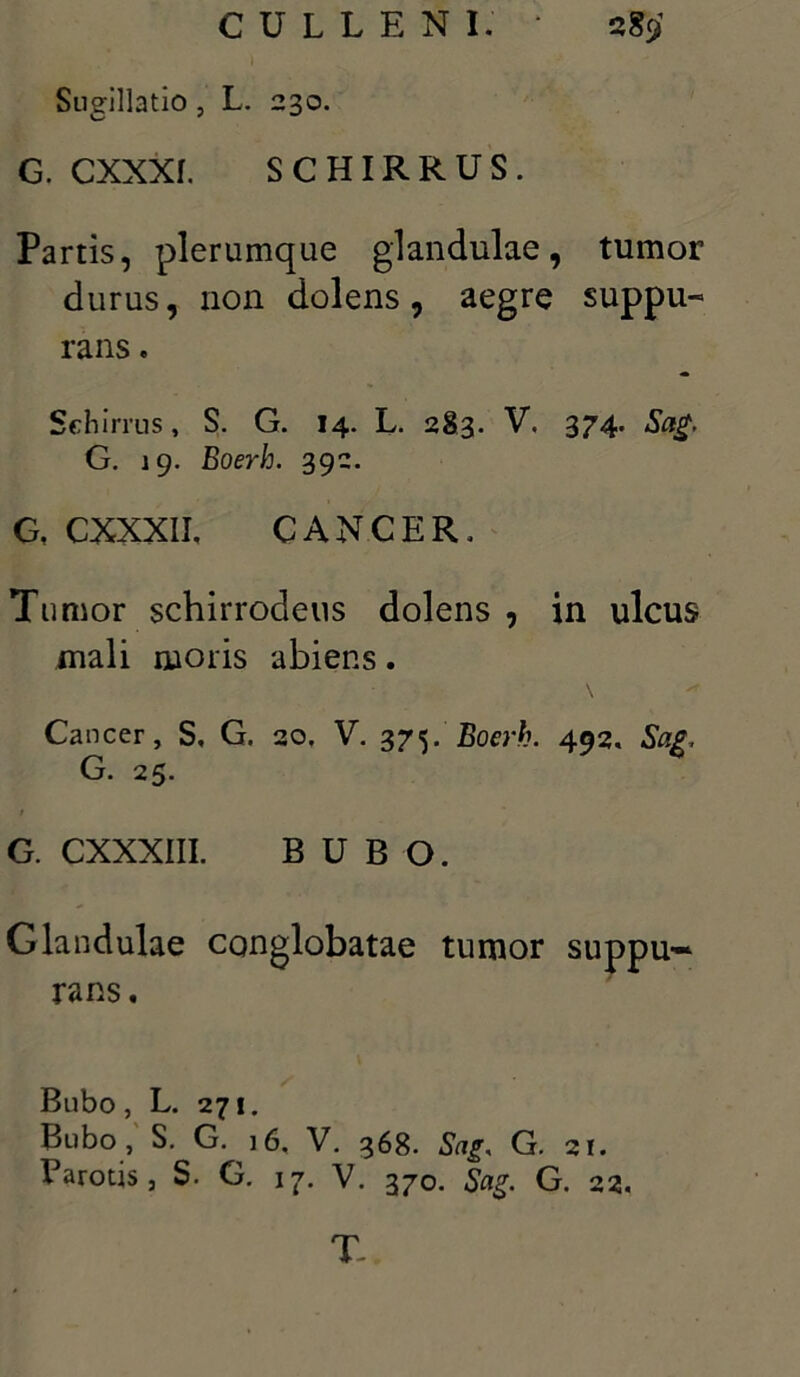 Sugillatio , L. 230. G. CXXXI. SC HIR RUS. Partis, plerumque glandulae, tumor durus, non dolens, aegre suppu- rans . Sehirrus, S. G. 14. L. 283. V. 374. Sag. G. 19. Boerh. 392. G, CXXXII. CANCER. Tumor schirrodeus dolens , in ulcus mali moris abiens. Cancer, S, G. 20. V. 375. Boerh. 492, Sag, G. 25. / G. CXXXIII. BUBO. Glandulae conglobatae tumor suppu- rans . Bubo, L. 271. Bubo , S. G. 16, V. 368. Sag, G. 21. Parotis, S. G. 17. V. 370. Sag. G. 22. T-