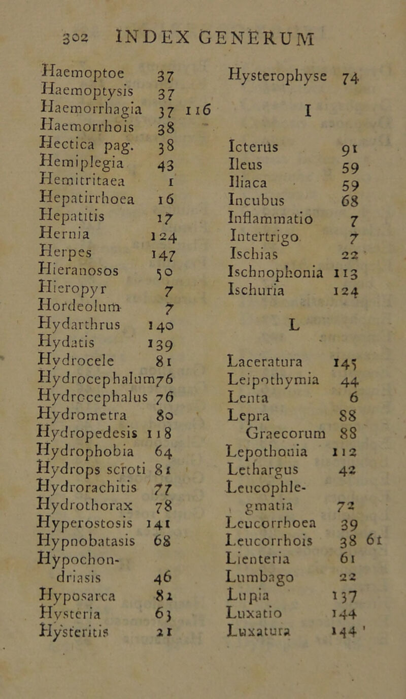 Haemoptoe 37 Hysterophyse 74 Haemoptysis 37 Haemorrhagia 37 I Iiaemorrhois 38 Hectica pag. 38 IcterUs 91 Hemiplegia 43 Ileus 59 Hemitritaea 1 Iliaca 59 Hepatirrhoea 16 Incubus 68 Hepatitis 17 Inflammatio 7 Hernia 1 24 Intertrigo 7 Herpes 147 Ischias 22 Hieranosos 5° Ischnophonia 113 Hieropyr 7 Ischuria 124 Hordeolum 7 Hydarthrus 140 L Hydatis 139 Hydrocele 81 Laceratura 145 Hydrocephalum76 Leipothymia 44 Hydrccephalus ; 76 Lenta 6 Hydrometra 80 Lepra 88 Hydropedesis 11 8 Graecorum 88 Hydrophobia 64 Lepothonia 112 Hydrops scroti 81 Lethargus 42 Hydrorachitis 77 Leucophle- Hydrothorax 78 , gmatia 72 Hyperostosis 141 Lcucorrhoea 39 Hypnobatasis 6S Leucorrhois 38 6 Hypochon- Lienteria 61 driasis 46 Lumbago 22 Hyposarca 81 Lupia »37 Hystcria 6) Luxatio 144 Hys teritis 21 Luxatura M4 '