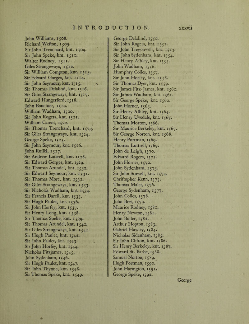 John Williams, 1508. Richard Wefton, 1509. Sir John Trenchard, knt. 1509. Sir John Speke, knt. 1510. Walter Rodney, 1511. Giles Strangeways, 1512. Sir William Compton, knt. 1513. Sir Edward Gorges, knt. 1514. Sir John Seymour, knt. 1515. Sir Thomas Delalind, knt. 1516. Sir Giles Strangeways, knt. 1517. Edward Hungerford, 1518. John Bouchier, 1519. William Wadham, 1520. Sir John Rogers, knt. 1521. William Carent, 1522. Sir Thomas Trenchard, knt. 1523. Sir Giles Strangeways, knt. 1524. George Speke, 1525. Sir John Seymour, knt. 1526. John Ruflel, 1527. Sir Andrew Luttrcll, knt. 1528. Sir Edward Gorges, knt. 1529. Sir Thomas Arundel, knt. 1530. Sir Edward Seymour, knt. 1531. Sir Thomas More, knt. 1532. Sir Giles Strangeways, knt. 1533. Sir Nicholas Wadham, knt. 1534. Sir Francis Darell, knt. 1535. Sir Hugh Paulet, knt. 1536. Sir John Horfey, knt. 1537. Sir Henry Long, knt. 1538. Sir Thomas Speke, knt. 1539. Sir Thomas Arundel, knt. 1540. Sir Giles Strangeways, knt. 1541. Sir Hugh Paulet, knt. 1542. Sir John Paulet, knt. 1543. Sir John Horfey, knt. 1544. ^ Nicholas Fitzjames, 1545. John Sydenham, 1546. Sir Hugh Paulet, knt. 1547. Sir John Thynne, knt. 1548. Sir Thomas Speke, knt. 1549. George Delalind, 1550. Sir John Rogers, knt. 1552. Sir John Tregonwell, knt. 1553. Sir John Sydenham, knt. 1554. Sir Henry Afhley, knt. 1555. John Wadham, 1556. Humphry Colies, 15 57. Sir John Horfey, knt. 1558. Sir Thomas Dyer, knt. 1559. Sir James Fitz-James, knt. 1560. Sir James Wadham, knt. 1561. Sir George Speke, knt. 1562. John Horner, 1563. Sir Henry Afhley, knt. 1564. Sir Henry Uvedale, knt. 1565. , Thomas Morton, 1566. Sir Maurice Berkeley, knt. 1567. Sir George Norton, knt. 1568. Henry Portman, 1569. Thomas Luttrell, 1569. John de Leigh, 1570. Edward Rogers, 1571. John Horner, 1572. John Sydenham, 1573. Sir John Stowell, knt. 1574. Chriftopher Kenn, 1575. Thomas Malet, 1576. George Sydenham, 1577. John Colies, 1578. John Bret, 1579. Maurice Rodney, 1580. Henry Newton, 1581. John Buller, 1582. Arthur Hopton, 1583. Gabriel Hawley, 1584. Nicholas Sidenham, 1585. Sir John Clifton, knt. 1586. Sir Henry Berkeley, knt. 1587. Edward St. Barbe, 1588. Samuel Norton, 1589. Hugh Portman, 1590. John Harington, 1591* George Speke, 1592. George