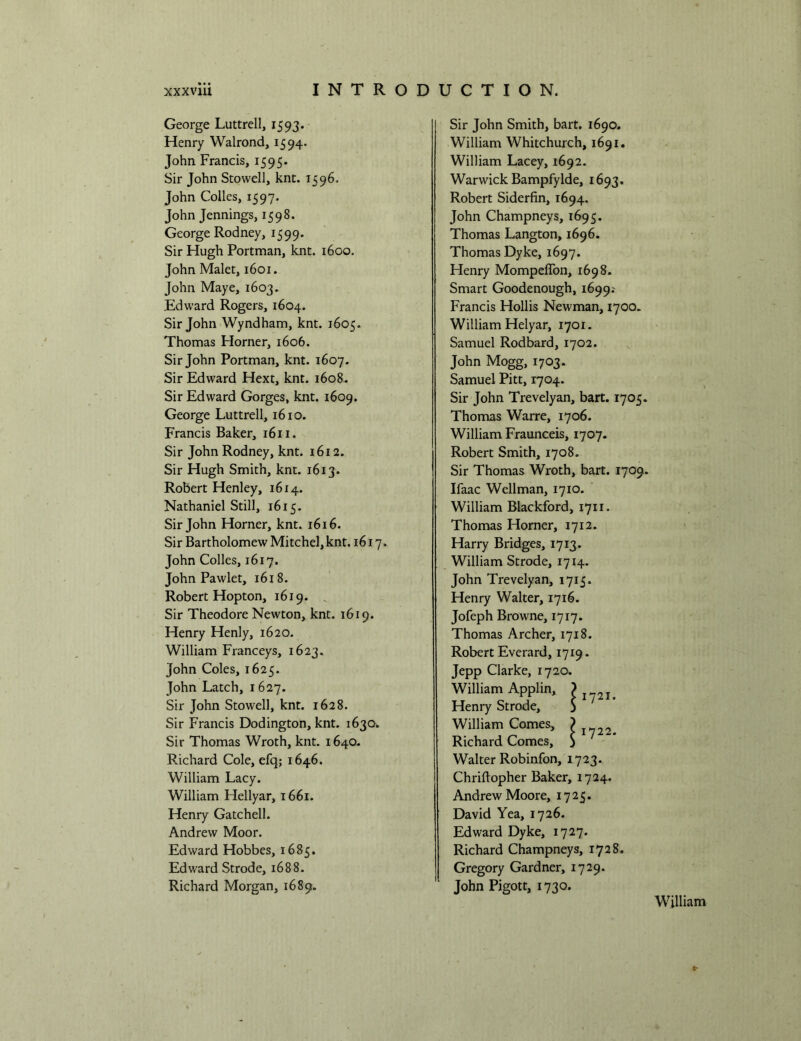 George Luttrell, 1593. Henry Walrond, 1594. John Francis, 1595. Sir John Stowell, knt. 1596. John Colies, 1597. John Jennings, 1598. George Rodney, 1599. Sir Hugh Portman, knt. 1600. John Malet, 1601. John Maye, 1603. Edward Rogers, 1604. Sir John'Wyndham, knt. 1605. Thomas Horner, 1606. Sir John Portman, knt. 1607. Sir Edward Hext, knt. 1608. Sir Edward Gorges, knt. 1609. George Luttrell, 1610. Francis Baker, 1611. Sir John Rodney, knt. 1612. Sir Hugh Smith, knt. 1613. Robert Henley, 1614. Nathaniel Still, 1615. Sir John Horner, knt. 1616. Sir Bartholomew Mitchel, knt. 1617. John Colies, 1617. John Pawlet, 1618. Robert Hopton, 1619. . Sir Theodore Newton, knt. 1619. Henry Henly, 1620. William Franceys, 1623. John Coles, 1625. John Latch, 1627. Sir John Stowell, knt. 1628. Sir Francis Dodington, knt. 1630. Sir Thomas Wroth, knt. 1640. Richard Cole, efq; 1646. William Lacy. William Hellyar, 1661. Henry Gatchell. Andrew Moor. Edward Hobbes, 1685. Edward Strode, 1688. Richard Morgan, 1689. Sir John Smith, bait, 1690. William Whitchurch, 1691. William Lacey, 1692. Warwick Bampfylde, 1693. Robert Siderfin, 1694. John Champneys, 1695. Thomas Langton, 1696. Thomas Dyke, 1697. Henry MompelTon, 1698. Smart Goodenough, 1699.- Francis Hollis Newman, 1700. William Helyar, 1701. Samuel Rodbard, 1702. ^ John Mogg, 1703. Samuel Pitt, 1704. Sir John Trevelyan, bart. 1705. Thomas Warre, 1706. William Fraunceis, 1707. Robert Smith, 1708. Sir Thomas Wroth, bart. 1709. Ifaac Wellman, 1710. William Blackford, 1711. Thomas Horner, 1712. Harry Bridges, 1713. William Strode, 1714. John Trevelyan, 1715. Henry Walter, 1716. Jofeph Browne, 1717. Thomas Archer, 1718. Robert Everard, 1719. Jepp Clarke, 1720. William Applin, Henry Strode, $ William Comes, ? • « ^ I x j • Richard Comes, ) Walter Robinfon, 1723. Chriftopher Baker, 1724. Andrew Moore, 1725. David Yea, 1726. Edward Dyke, 1727. Richard Champneys, 1728. Gregory Gardner, 1729. John Pigott, 1730.