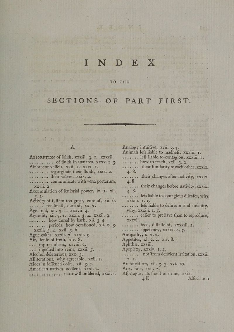 A. AxsorpTIon of folids, xxxiii. 3. 1. XXxvil. Wis ele ho sured, OF MUIAS AN anafarca, XXXV. I. 3. Abforbent veffels, xxii. 2. xxix. 1. o.++++.. regurgitate their fluids, xxix. 2. seeecveae their valves, xxix. 2. vaeeesee COMMuUNIcate with.vena portarum, XXVil. 2< ool. Activity of fyftem too great, cure of, xii. 6. te ati OO fmall, cure of, xXx. 7. Age, old, xil. 3. 1. xxxvil. 4. BK: fit; Xii7. 4. XXXil. 3. 4.. XXX1.°Q. o+e+ee how cured by bark, xii. 3. 4. +++.+.+. periods, how oecafioned, sity ft XXXlie_3..4. Xvii. 3. 6. Ague cakes, xxxil. 7. XXXII. g. ra fenfe of frefh, xiv. 8. +++ Injures ulcers, XXVill. 2. .«. injected into veins, XXXil. 5. PORE deleterious, xxx. 3. Alliterations, why agreeable, XXL, 2. Aloes in leffened dofes, Kits 2.55, American natives inddlent, xxxi. 2. ont pose ove e owe Larrow shouldered, xxxi. 1. Analogy intuitive, xvii. Animals lefs liable to maaneg! XXXil. ¥. seen lefs liable to: contagion, XXXL. I. s+eeeee how to teach, xxii. 3. 2. Seth sere oy CLIC fimilarity toeach other, xxxix. . 4. 8. s+++++. their changes after nativity, xxxix. 4. 8. +++... their changes before nativity, XXXIX. 4. 8. esses lefs liable to contagious difeafes, why. XXXI1, (1, §. why, Xxxlil. I. 5. »seeees €afier to preferve than to reproduce, XXXVIi. esses food, diftafte of, xxxwiii. 1. o> ay he APPEteNCy,. XEXIX, 4. 7, Antipathy, Kil 25 2. Appetites, xi. 2.2. xiv. 8. Aphthe, xxviii. Apoplexy, xxxiv, 1. 7. ‘ eo+ee+. not from deficient irritation, xxxii. 2.1. Architecture, xii. 3. 3. xvi. 10. Arts, fine, xxil. 2, Afparagus, its {mell in urine, xxix. 4E Affociation