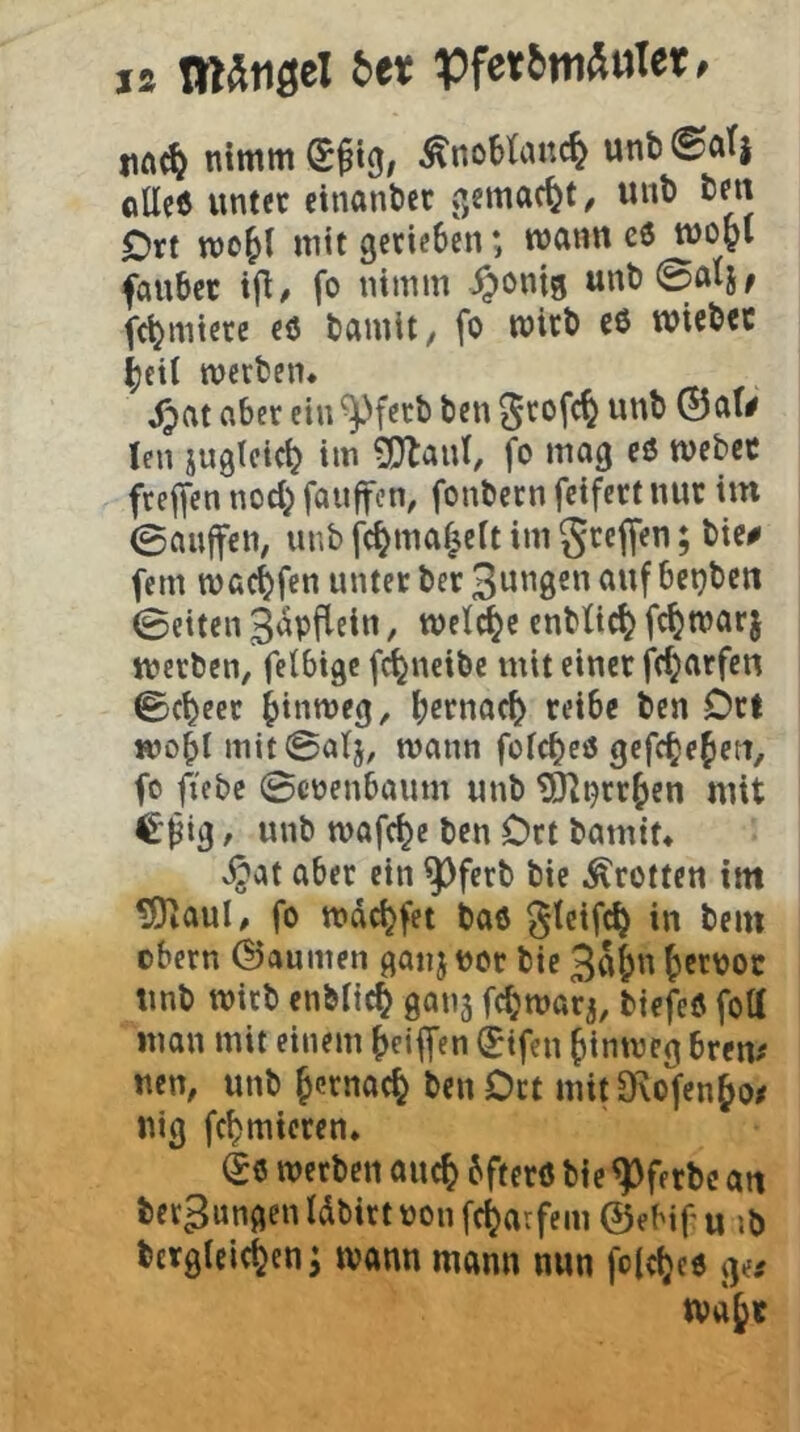 JS mstiflel btt ' tiimmefig, ÄnoHan^ unti@at| «Ute unter einantct gemacht, unb beii £)rt mit gerieben *, mann eö mojl faubcc fo nimm ^onig unl)0ati/ formiere eö bamit^ fo mirb e6 wicbec (jeit merben* Jpat aber ein ^ferb ben ® len jugteie^ im g}baut, fo mag eö mebec feeffen nod) fauffen, fonbern feifert nur im 0auffen, imb fc^maf|ert im grejfen; bie# fern mac^fen unter ber Sangen auf beijbcn 0eiten 3apfletn, melct^e enbti^ fc^marj merben, felbigc f^neibe mit einer fefjarfen ©c^eer binn^^Ö/ b^rnacb reibe ben Ort woblmit0atj, mann fotebeö gefc^ebett, fo fiebe 0cpenbaum unb tÖ^^rrben mit €^ig, unb mafebe ben Ort bamit* v^at aber ein ^ferb bie .^rotten im ?DiauI/ fo mdebfet baö ^leifcb in bem obern ©aumen ganj Pot bie 3ab'' unb mirb enbiieb gan^ febmarj, biefeö fott man mit einem beiffen (^tfen binmeg brem neu, unb b^rnacb ben Ott mitOxofenbo/ nig fcbmicrcn* (5ö merben auch bftcrö bie ^fetbc an bergungen Idbirt non febarfem ©ebif u ib bergleicben; mann mann nun foiebee ae^ mabr
