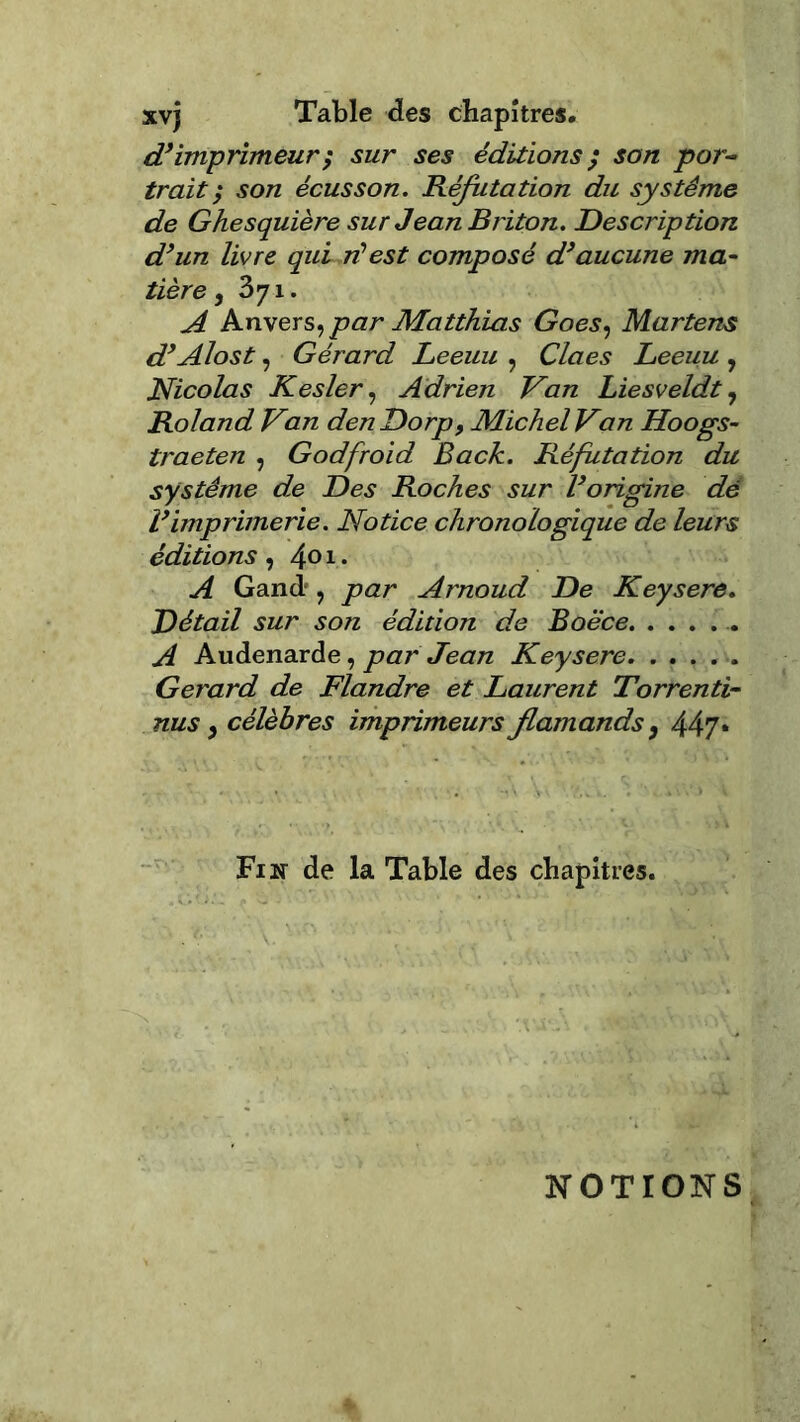 d’imprimeur; sur ses éditions ; son por- trait ; son écusson. Réfutation du système de Ghesquière sur Jean Briton. Description d’un livre qui n’est composé d’aucune ma- tière ,371. A Anvers,par Matthias Goes, Martens d’Alost, Gérard Leeuu , Claes Leeuu , Nicolas Kesler, Adrien Van Liesveldt, Roland Van denDorp, Michel Van Hoogs- traeten , Godfroid Back. Réfutation du système de Des Roches sur l’origine dé l’imprimerie. Notice chronologique de leurs éditions , 4°1 • ^ Gand, par Arnoud De Keysere. Détail sur son édition de Boëce A Audenarde, par Jean Keysere Gérard de Flandre et Laurent Torrenti- nus } célèbres imprimeurs flamands, 447* Fin de la Table des chapitres. K OTIONS