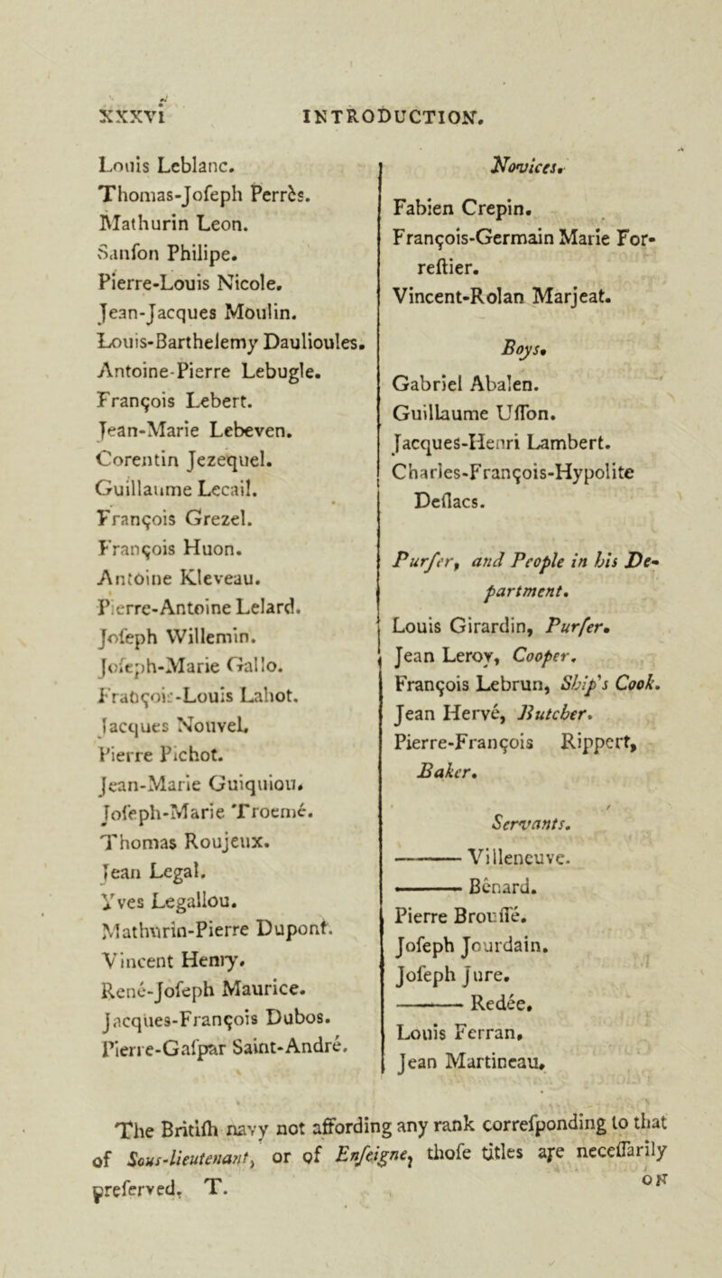 Louis Leblanc. Thomas-Jofeph Perrés. Mathurin Leon. xS.mfon Philipe. Pierre-Louis Nicole. Jean-Jacques Moulin. Loiiis-Bartheiemy Daulioules. Antoine-Pierre Lebugle. François Lebert. Jean-Marie Lebeven. Corentin Jezequel. Guillaume Lecail. François Grezel. François Huon. Antoine Kleveau. I Pierre-Antoine Lelard. Jol'eph Willemin. JoiCph-Marie Gallo. François-Louis Lahot. lacques NouveL Pierre PIchot. Jean-Marie Guiquiou. Jofeph-Marie Trocnié. Thomas Roujeux. Jean Legal, Yves Legallou. Mathurin-Pierre Dupont. Vincent Heniy. Renc-Jofeph Maurice. Jacques-François Dubos. Pieri e-Gafpar Saint-André. Kovices, Fabien Crepin. François-Germain Marie For- reftier. Vincent-Rolan Marjeat. Boys* Gabriel Abalen, Guillaume Uflbn. Jacques-Henri Lambert. Charles-F rançois-Hypolite Deflacs. Purfer^ and People in his De- partment, Louis Girardin, Purfer* I Jean Leroy, Cooper, François Lebrun, Ship's Cook. Jean Hervé, Butcher, Pierre-François Rippert, Baker, Servants, Villencuve- ■ Bénard. Pierre BrouiTé. Jofepb Jourdain. Jofeph Jure. — Redée. Louis Ferran, Jean Martineau. The Britifh navy not affording any rank correfponding to that of Sous-lieutenant^ or of Enfei^ne^ thofe titles ape nccefTarily çreferved, T.