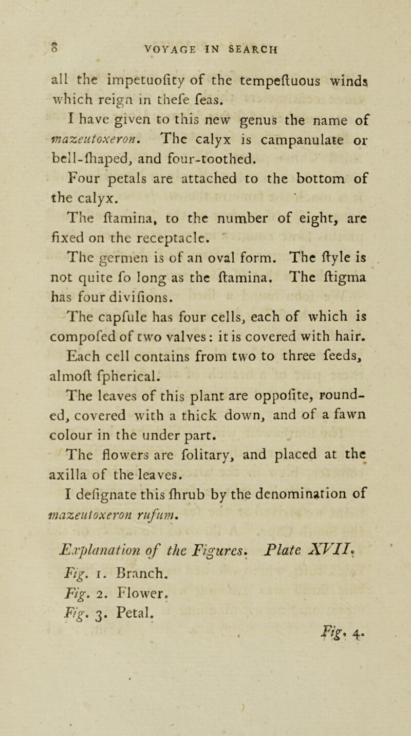 all the impetüofity of the tempeftuous winds which reign in thefe feas. I have given to this new genus the name of mazeiitoxeron. The calyx is campanulate or bell-fliaped, and four-toothed. Four petals are attached to the bottom of the calyx. The flamina, to the number of eight, arc fixed on the receptacle. The gérmen is of an oval form. The fiyie is not quite fo long as the ftamina. The fligma has four divifions. The capfule has four cells^ each of which is compofed of two valves : it is covered with hair. Each cell contains from two to three feeds, almoft fphcrical. The leaves of this plant are oppofite, round- ed, covered with a thick down, and of a fawn colour in the under part. The flowers are folitary, and placed at the axilla of the leaves. I defignate this fhrub by the denomination of mazeiitoxeron rufiim. Explanation of the Figures. Plate Fig. I. Branch. Fig. 2. Flower. Fig. 3. Petal. Fig, 4.