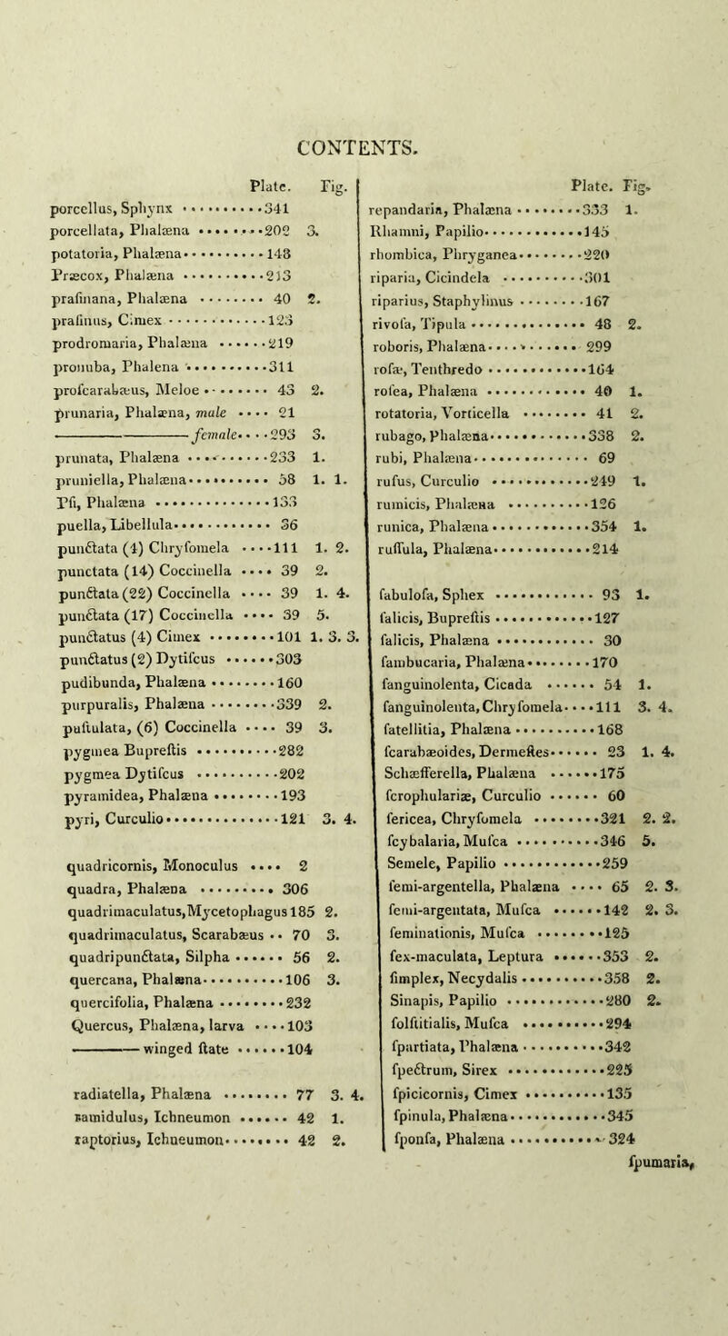 Plate. Tig. porcellus, Spliynx 341 porcellata, Phalaena •*•202 3. potatoria, Phalaena 143 Praecox, Phalaena 213 prafinana, Phalaena 40 2. pralinus, Cimex 123 prodromaria, Phalania 219 proimba, Phalena 311 profcaraba-us, Meloe 43 2. prunaria, Phala;na, mule •••• 21 • female• • • -293 3. prunata, Phalaena • ••• 233 1. pruniella, Phalaena- • • * 58 1. 1. Pfi, Phalaena 133 puella, Libellula 36 punftata (4) Chryfomela ••••111 1. 2. punctata (14) Coccinella •••• 39 2. punfiiata (22) Coccinella ••••39 1. 4. punAata (17) Coccinella • • • • 39 5. punAatus (4) Cimex 101 1.3.3. punAatus (2) Dytifcus 303 pudibunda, Phalaena 160 purpuralis, Phalaena 339 2. puflulata, (6) Coccinella • • • • 39 3. pygmea Bupreftis 282 pygmea Dytifcus 202 pyramidea, Phalaena 193 pyri, Curculio 121 3.4. quadricornis, Monoculus «... 2 quadra, Phalaena 306 quadrimaculatus.Mycetophagus 185 2. quadrimaculatus, Scarabaeus • • 70 3. quadripunAata, Silpha 56 2. quercana, Phalaena 106 3. quercifolia, Phalaena 232 Quercus, Phalaena, larva • • • • 103 winged ftate 104 radiatella, Phalaena 77 3. 4. samidulus, Ichneumon 42 1. xaptorius. Ichneumon 42 2. Plate. Fig. repandarin, Phalaena • • • • 1. Rharnni, Papilio riparius, Staphylinus • • • • 167 rivol'a, Tipula 2. roboris, Phalaena - •••*•• rofa-, Tenthredo rofea, Phalaena 1. rotatoria, Vorticella • • • 2. rubago, Phalaena 2. rubi, Phalaena......... 1. rumicis, Phnliena runica, Phalaena • 1. ruflula, Phalaena fabulofa, Sphex 1. l'alicis, Bupreftis falicis, Phalaena • fambucaria, Phalaena. •• • • fanguinolenta. Cicada • • • 1. fanguinolenta, Chryfomela- •••Ill 3. 4. fatellitia, Phalaena fcarabaeoides, Dermeftes- • 1. 4. Schsfferella, Phalaena • • fcrophulariae, Curculio • • lericea, Chryfomela • • • • 2. 2. fcybalaria, Mufca 5. Semele, Papilio l'emi-argentella, Phalaena •••• 65 2. 3. femi-argeutata, Mufca •• 2. 3. feminationis, Mufca • • • • fex-maculata, Leptura •• 2. fimplex, Necydalis 2. Sinapis, Papilio 2. folftitialis, Mufca fpartiata, Phalaena fpeArum, Sirex fpicicornis, Cimex fpinula, Phalaena fponfa, Phalaena fpumaria,