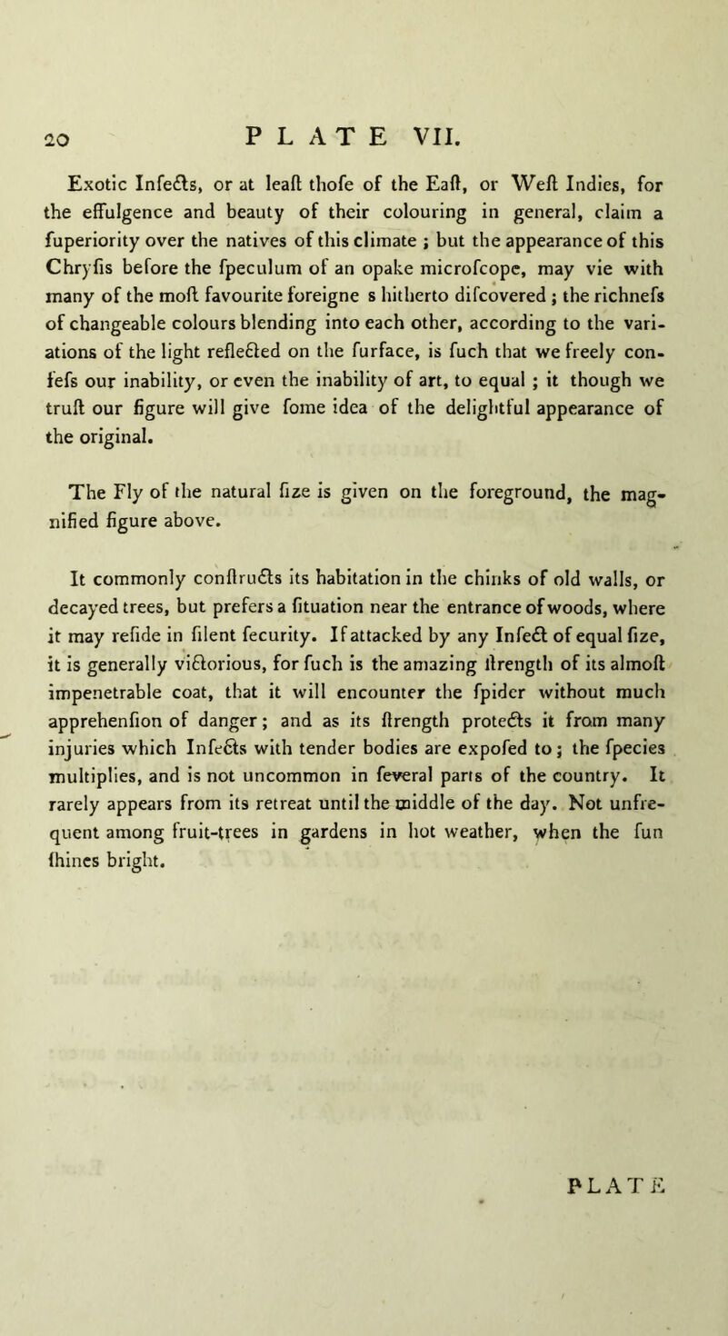 Exotic Infetfts, or at leaft thofe of the Eaft, or Weft Indies, for the effulgence and beauty of their colouring in general, claim a fuperiority over the natives of this climate ; but the appearance of this Chryfis before the fpeculum of an opake microfcope, may vie with many of the mod favourite foreigne s hitherto difcovered ; the richnefs of changeable colours blending into each other, according to the vari- ations of the light refle&ed on the furface, is fuch that we freely con- fefs our inability, or even the inability of art, to equal ; it though we truft our figure will give foine idea of the delightful appearance of the original. The Fly of the natural fize is given on the foreground, the mag- nified figure above. It commonly conftru&s its habitation in the chinks of old walls, or decayed trees, but prefers a fituation near the entrance of woods, where it may refide in filent fecurity. If attacked by any Infe£t of equal fize, it is generally vi&orious, for fuch is the amazing ftrength of its almoft impenetrable coat, that it will encounter the fpider without much apprehenfion of danger; and as its ftrength protefts it from many injuries which Infe&s with tender bodies are expofed to; the fpecies multiplies, and is not uncommon in feveral parts of the country. It rarely appears from its retreat until the middle of the day. Not unfre- quent among fruit-trees in gardens in hot weather, when the fun fhines bright.