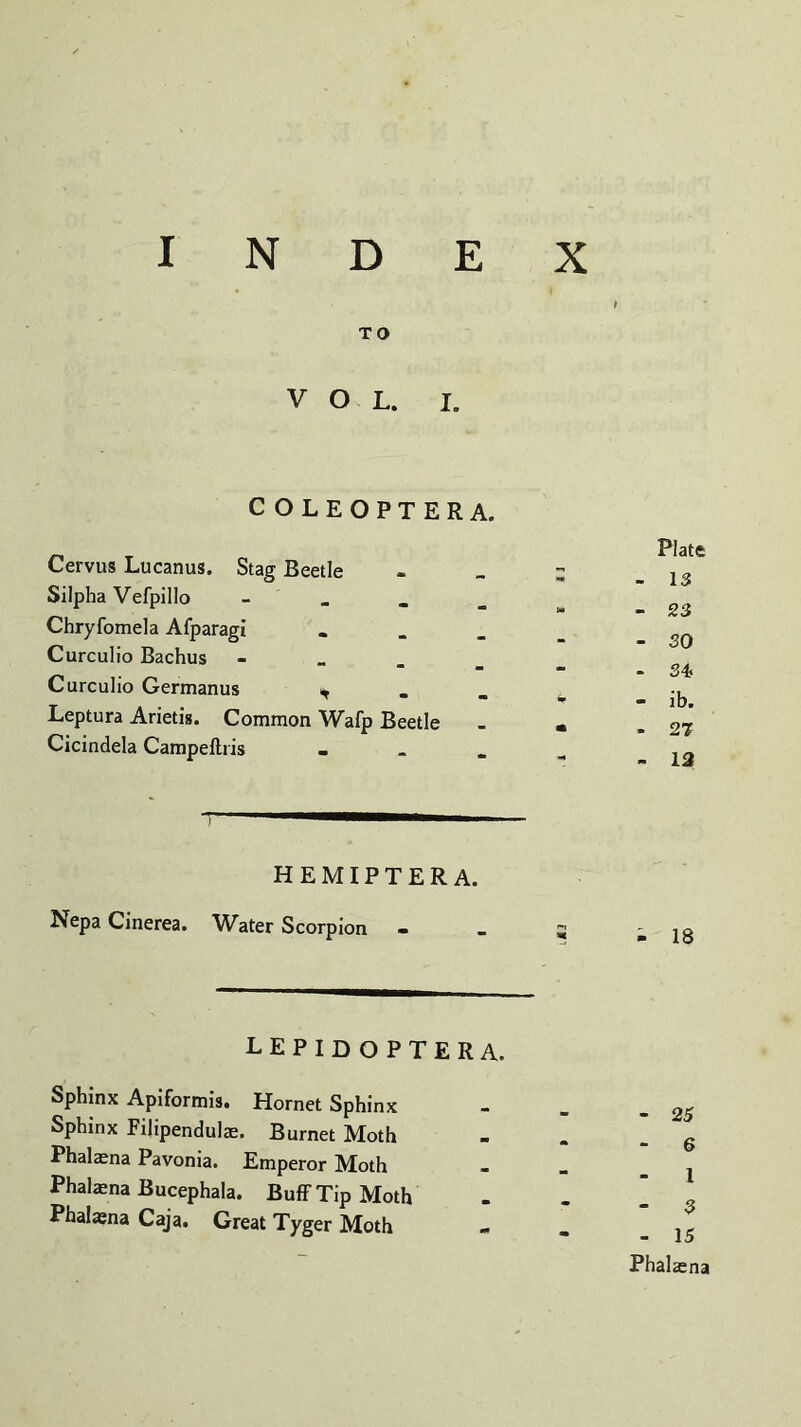 TO VOL. I. COLEOPTERA. Cervus Lucanus. Stag Beetle Silpha Vefpillo - Chryfomela Afparagi - - _ Curculio Bachus - Curculio Germanus ^ Leptura Arietis. Common Wafp Beetle Cicindela Campeftiis . HEMIPTERA. Nepa Cinerea. Water Scorpion - LEPIDOPTERA. Sphinx Apiformis. Hornet Sphinx Sphinx Filipendulae. Burnet Moth Phalaena Pavonia. Emperor Moth Phalaena Bucephala. Buff Tip Moth Phalajna Caja. Great Tyger Moth Plate - 13 - 23 - 30 - 34> - ib. - 27 - 12 - 18 - 25 6 1 - 3 - 15 Phalsna
