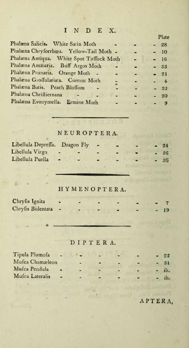 Plate Phalaena Salicis. White Satin Moth - - - 28 Phalaena Chryforrhoea. Yellow-Tail Moth - - - 10 Phalaena Antiqua. White Spot TufTock Moth - - 16 Phalaena Amataria. Buff Argos Moth - - - S3 Phalaena Prunaria. Orange Moth - - - - 21 Phalaena GioflTulariata. Currant Moth - - - 4 Phalaena Batis. Peach BlofTom - - - - 33 Phalaena Chriftiernana - ■ _ _ - 20 Phalaena Evonymella. Ermine Moth - _ _ 9 NEUROPTERA. Libellula Deprefla. Dragon Fly - . . - 24 Libellula Virgo - - - _ _ - 36 Libellula Puella - - . - - - 36 HYMENOPTERA. Chryfis Tgnita • - _ . » _ 7 Chryfis Bidentata - - - . » -19 D r P T E R A. Tipula Plumofa - - - - 22 Mufca Chamaeleon . - . - - 31 Mufca Pendula — - ib. Mufca Lateralis - - - ib- 1 APTERA,