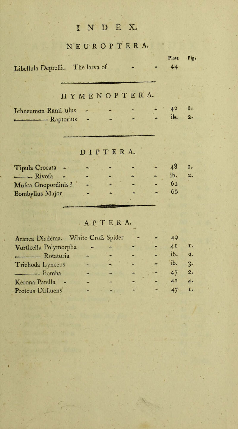 NEUROPTERA. Plate Libellula Deprefla. The larva of - - 44 HYMEN OPTE R A. Ichneumon Rami ulus - - “ - 42 .———-Raptorius - - - * ib. D I P T E R A. Tipula Crocata - - - - -48 --— Rivofa *• - - - - ib. Mufca Onopordinis ? - - - 62 Bombylius Major - - - - 66 I APTERA. Aranea Diadema. White Crofs Spider - - 49 Vorticella Polymorpha - “ - 41 .- Rotatoria - - - - ib. Trichoda Lynceus - 2b* —-Bomba - - - “47 Kerona Patella - - - - - 41 Proteus Diffluens - - * “47