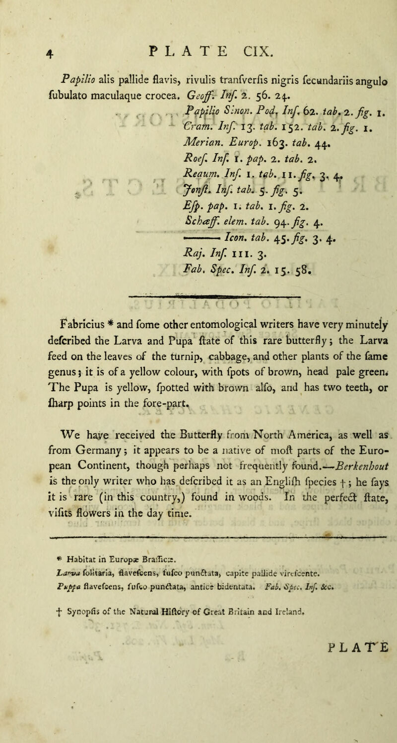 4 Papilio alis pallide flavis, rivulis tranfverfis nigris fecundariis angulo fubulato maculaque crocea. Geoff. Inf. 2. 56. 24.. Papilio SI non. Pof Inf 62. tab. 2. fig. 1. Cram. Inf' 13. tab. 152. tab. 2. fig. 1. Merian. Europ. 163. tab. 44. Roefi Inf. I. pap. 2. tab. 2. Reaum. Inf. 1. tab. 11. fig, 3, 4. a Jonfi. IAf tab fig. 5. Efp. pap. 1. tab. 1. fig. 2. Schaff. elem. tab. 94. fig. 4. -Icon. tab. 45. fig. 3. 4. Raj. Inf hi. 3. Fab. Spec. Inf 2. 15. 58. | 7 J (7 Q ‘7 0 ; t i ’a Fabricius * and fome other entomological writers have very minutely deferibed the Larva and Pupa ftate of this rare butterfly; the Larva feed on the leaves of the turnip, cabbage, and other plants of the fame genus 5 it is of a yellow colour, with fpots of brown, head pale green* The Pupa is yellow, fpotted with brown alfo, and has two teeth, or fharp points in the fore-part. We have received the Butterfly from North America, as well as from Germany; it appears to be a native of moil parts of the Euro¬ pean Continent, though perhaps not frequently found.—Berkenhout is the only writer who has deferibed it as an Englifh fpecies f; he fays it is rare (in this country,) found in woods. In the perfect ftate, vifits flowers in the day time. * Habitat in Europse BraiTica. Larva folitaria, flavefeens, fufeo punftata, capite pallide virefeente. Fupfa flavefeens, fufeo punftata, antice bidentata. Fab. Inf. Sec. -f Synopfis of the Natural Hiftory of Great Britain and Ireland,